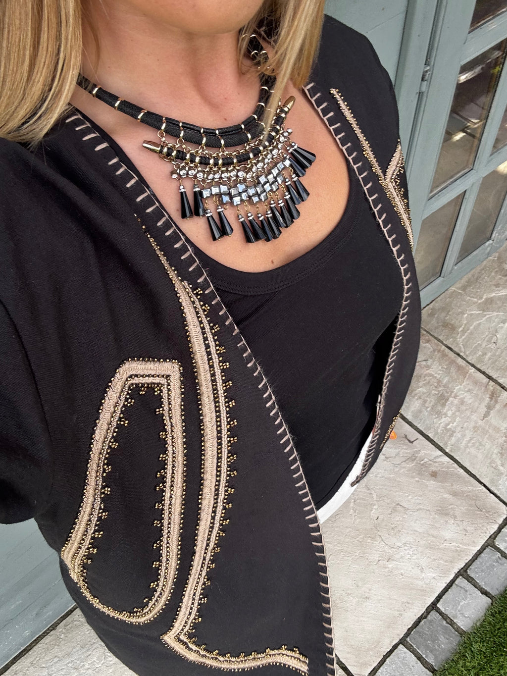 Organic Cotton Embroidered Jacket – Open Front White Cropped Style, Hand-Stitched Beaded Trim