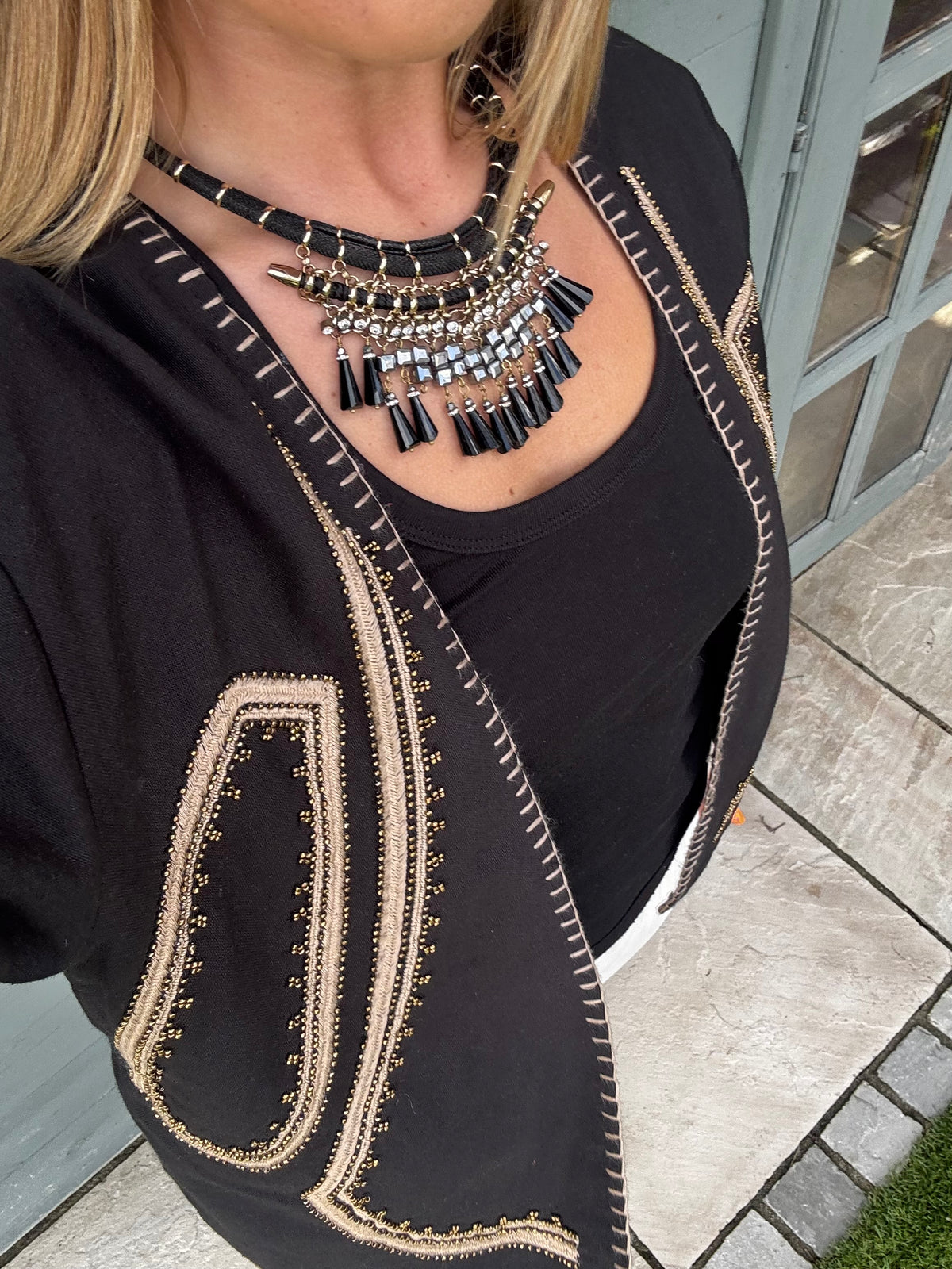 Organic Cotton Embroidered Jacket – Open Front White Cropped Style, Hand-Stitched Beaded Trim