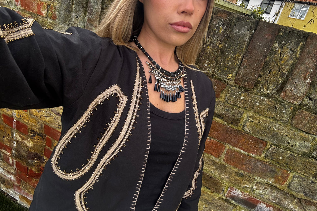 Organic Cotton Embroidered Jacket – Open Front Black Cropped Style, Hand-Stitched Beaded Trim