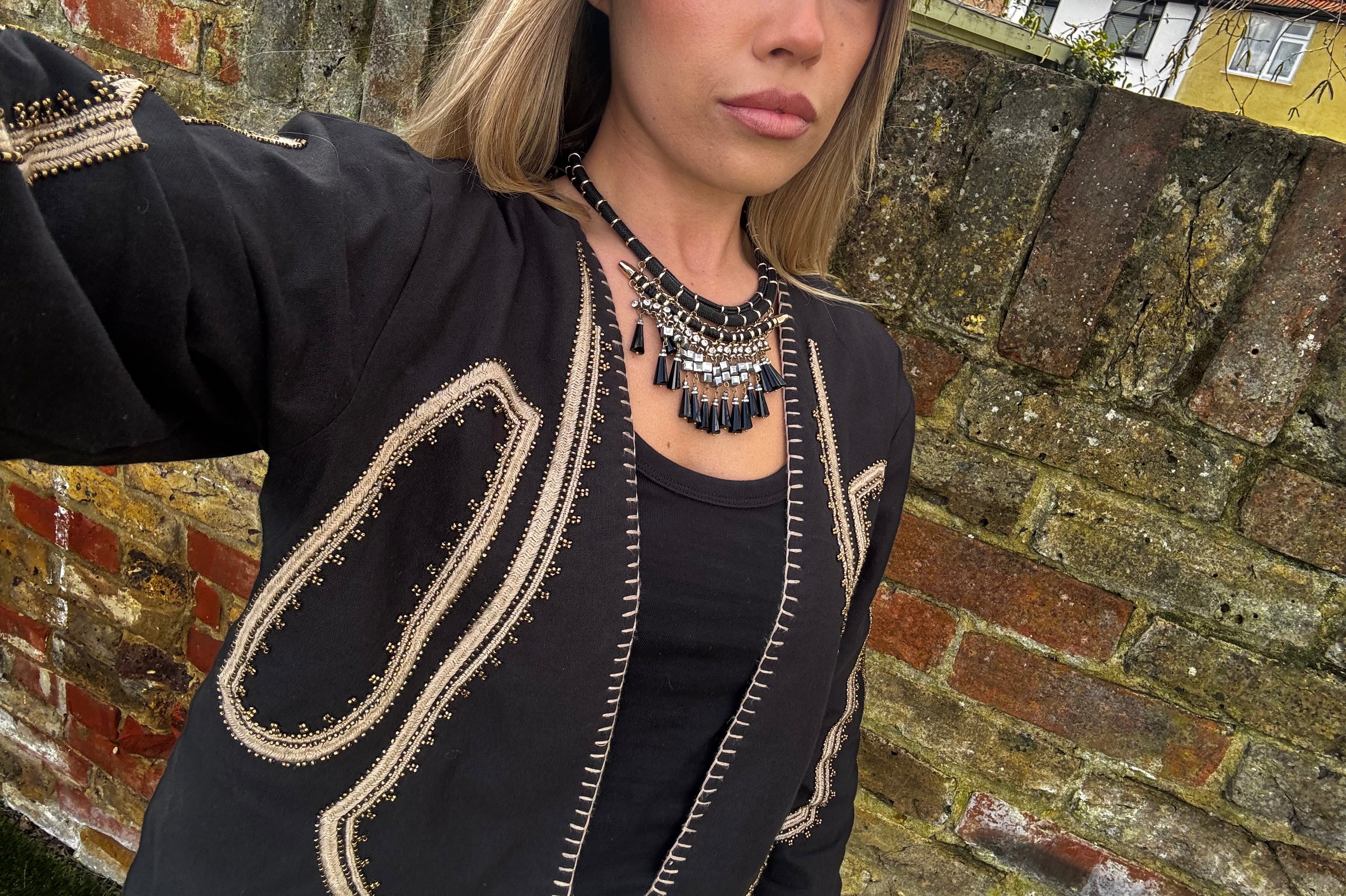 Organic Cotton Embroidered Jacket – Open Front Black Cropped Style, Hand-Stitched Beaded Trim