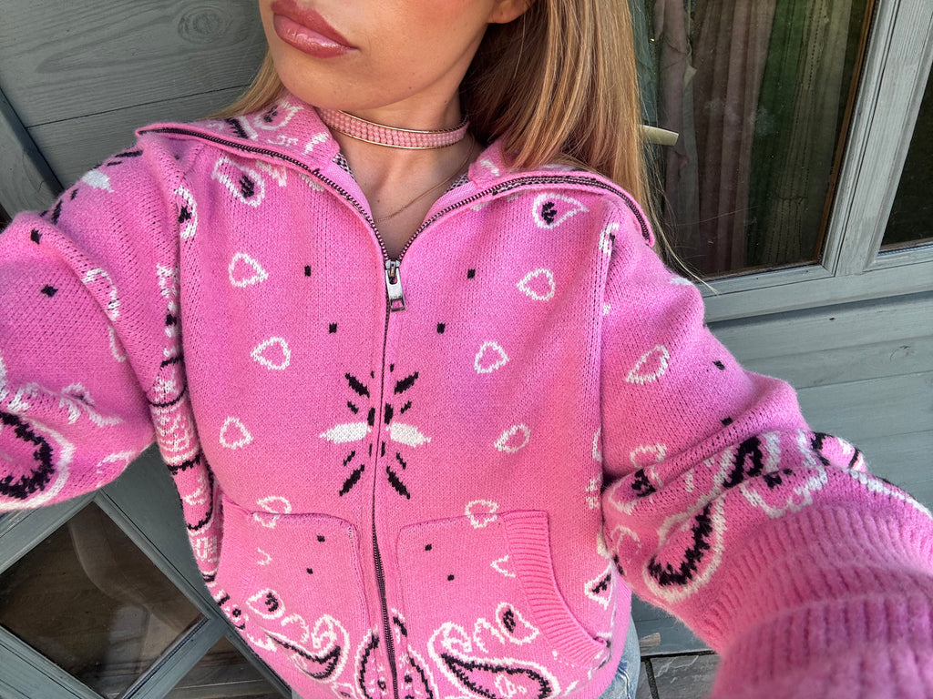 Pink Bandana Knit Zip-Up Cardigan for Women- Soft Cozy Sweater