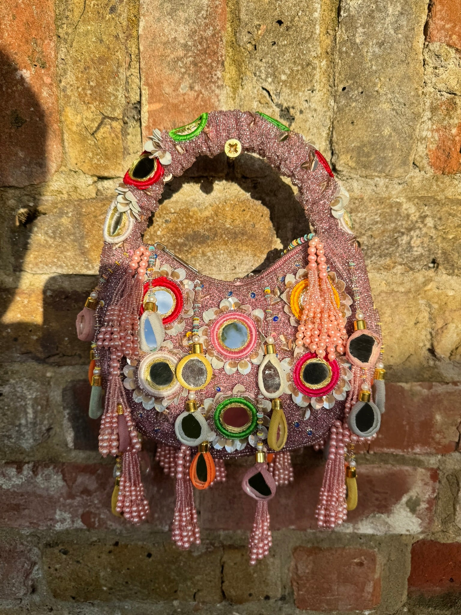 Handmade Bohemian Multi Color Beads Embellished Mirror Moon Bag