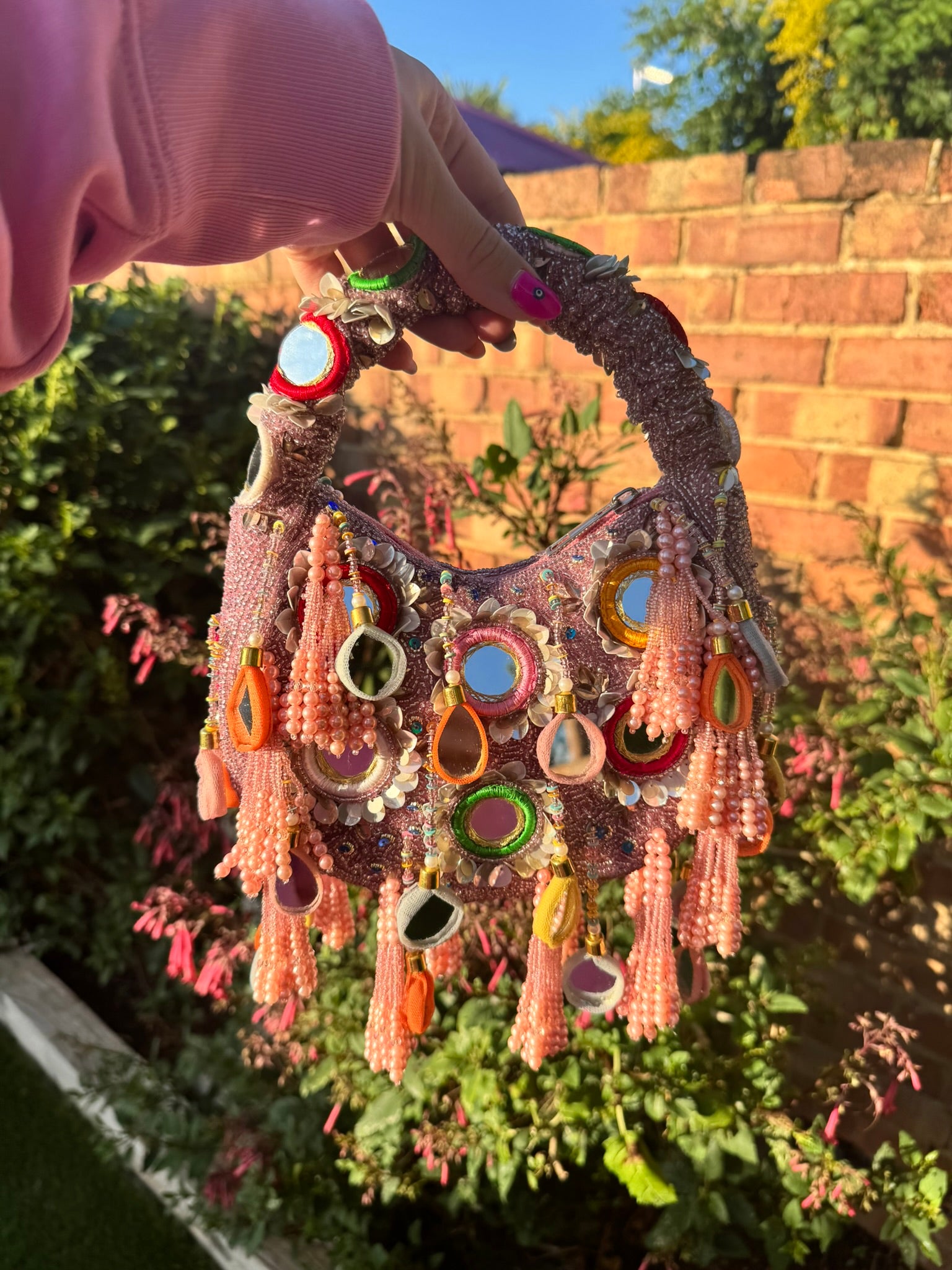 Handmade Bohemian Multi Color Beads Embellished Mirror Moon Bag