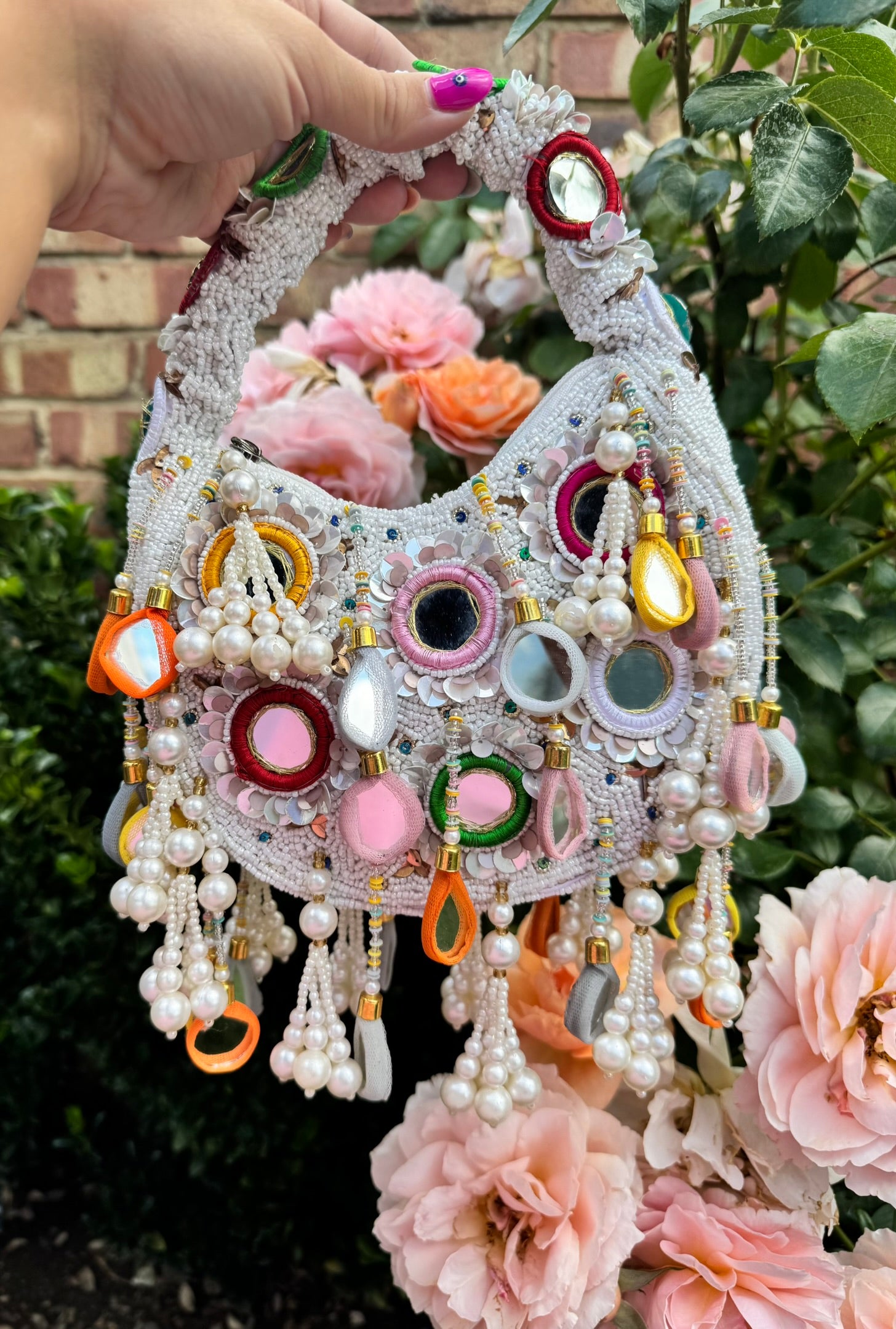 Handmade Bohemian Multi Color Beads Embellished Mirror Moon Bag