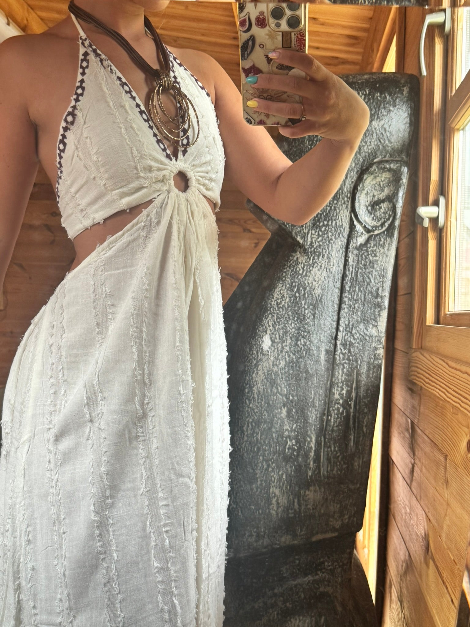 Organic Cotton Bohemian Halter Dress with Tribal Embroidery