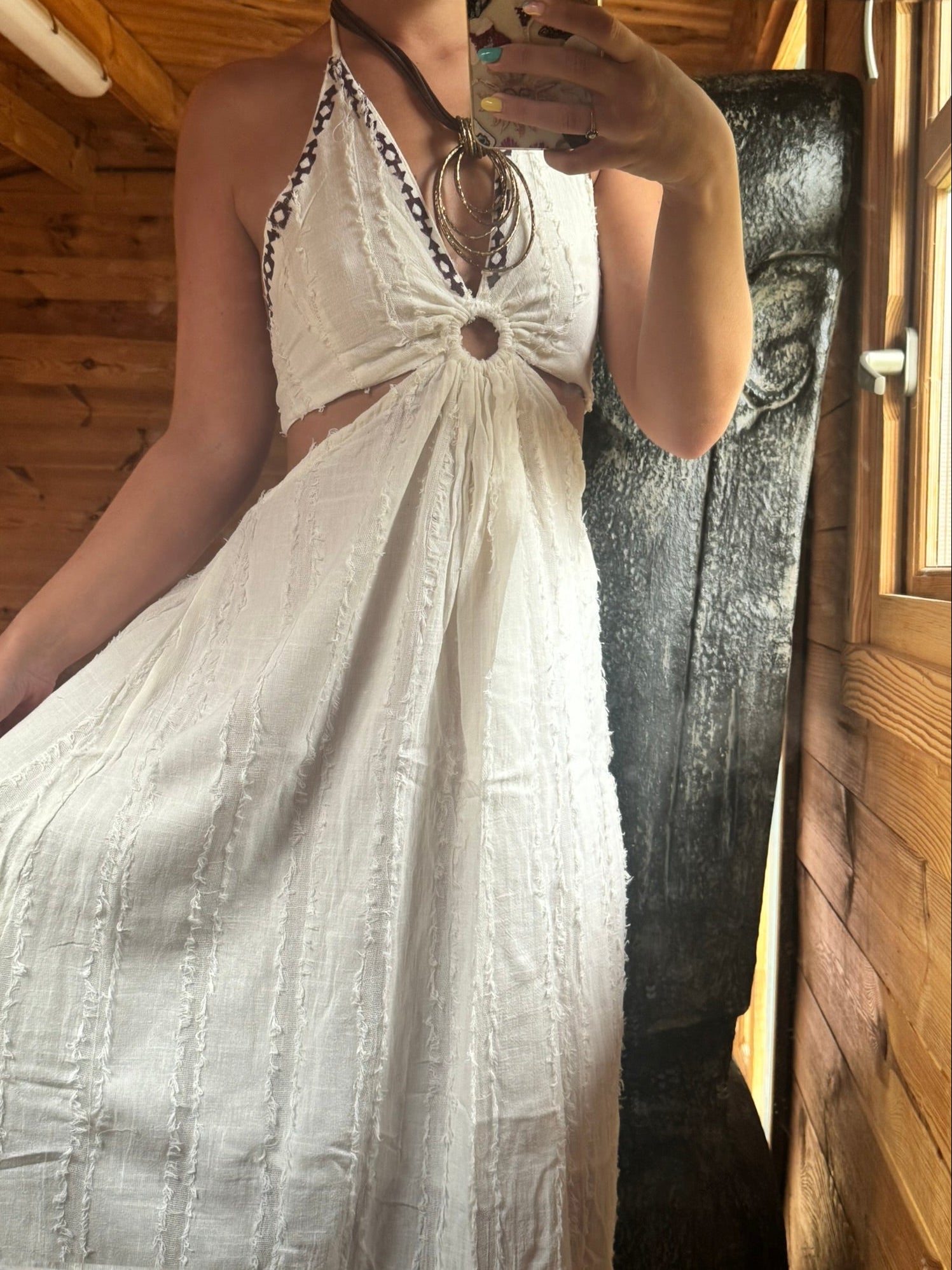 Organic Cotton Bohemian Halter Dress with Tribal Embroidery