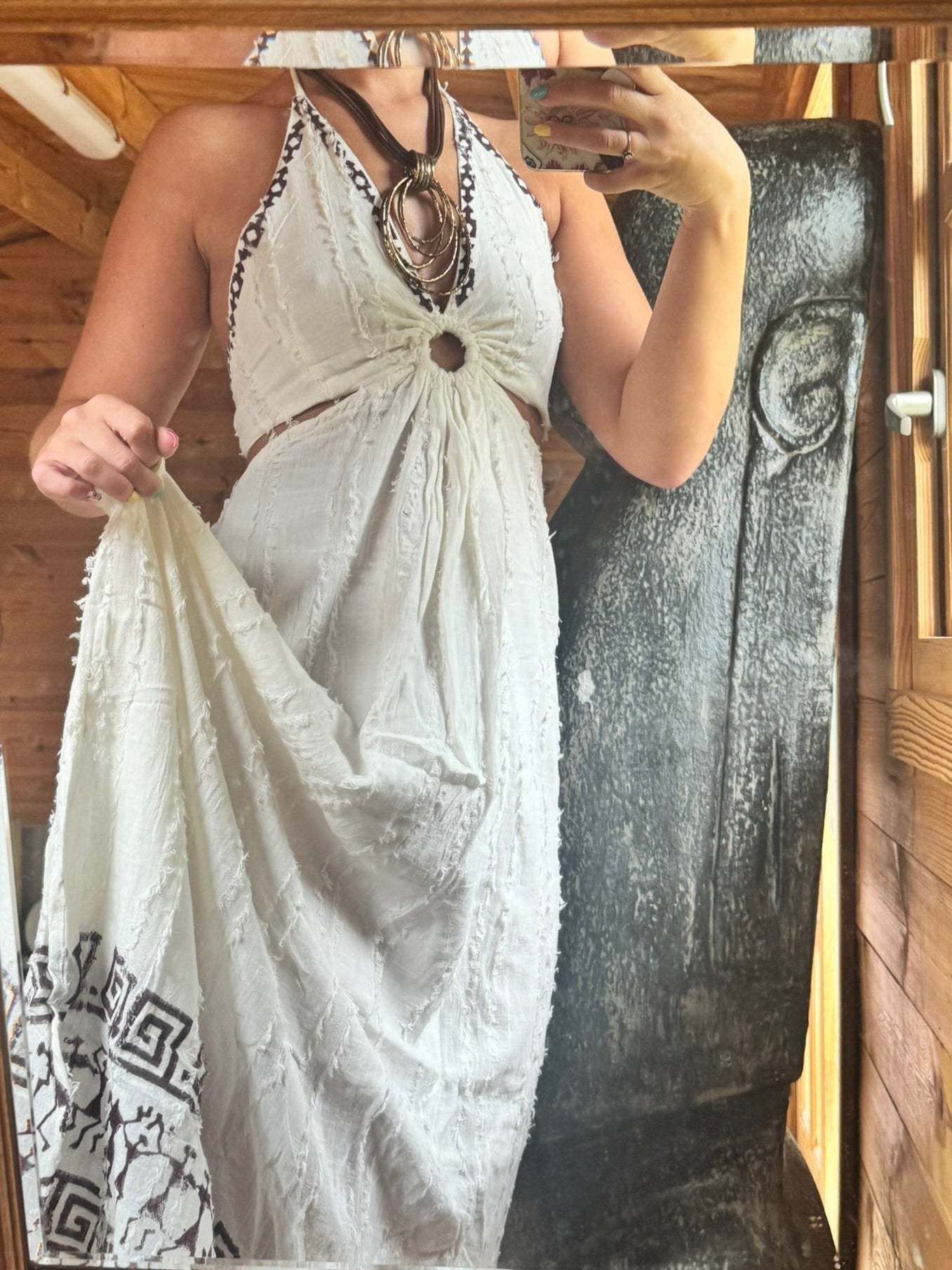 Organic Cotton Bohemian Halter Dress with Tribal Embroidery