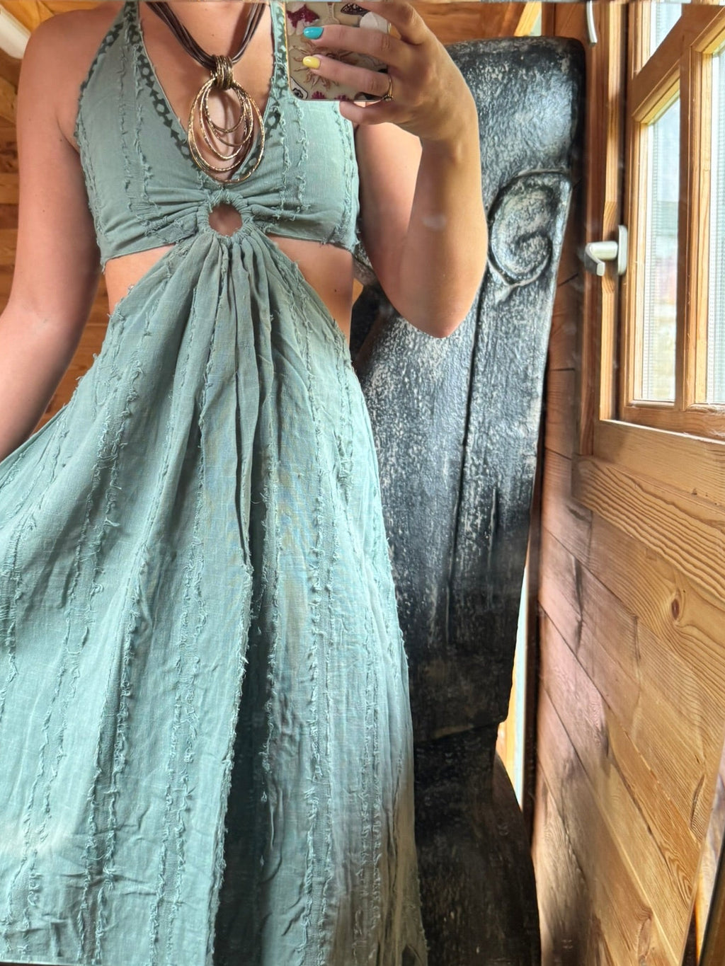 Organic Cotton Bohemian Halter Dress with Tribal Embroidery