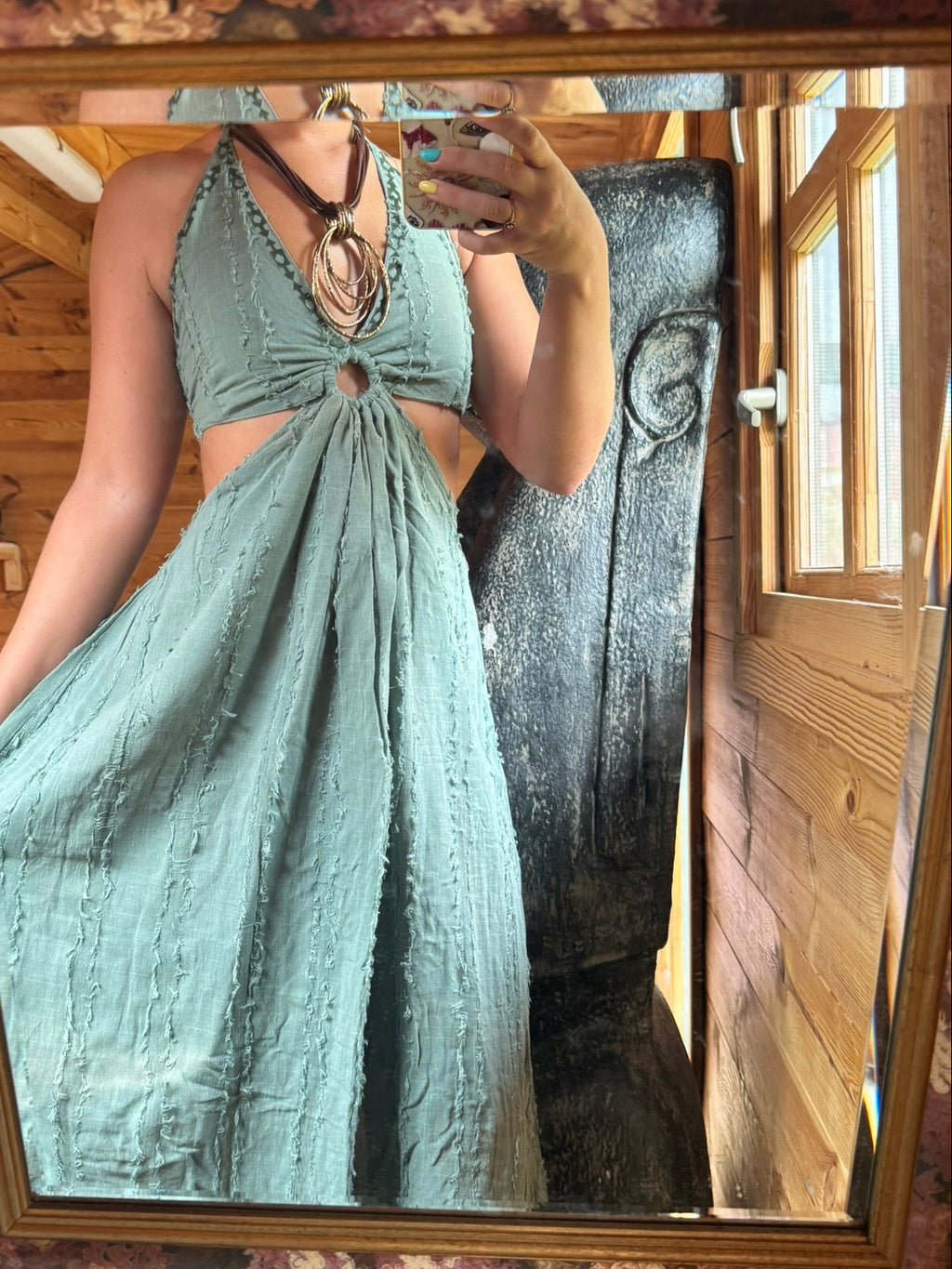 Organic Cotton Bohemian Halter Dress with Tribal Embroidery