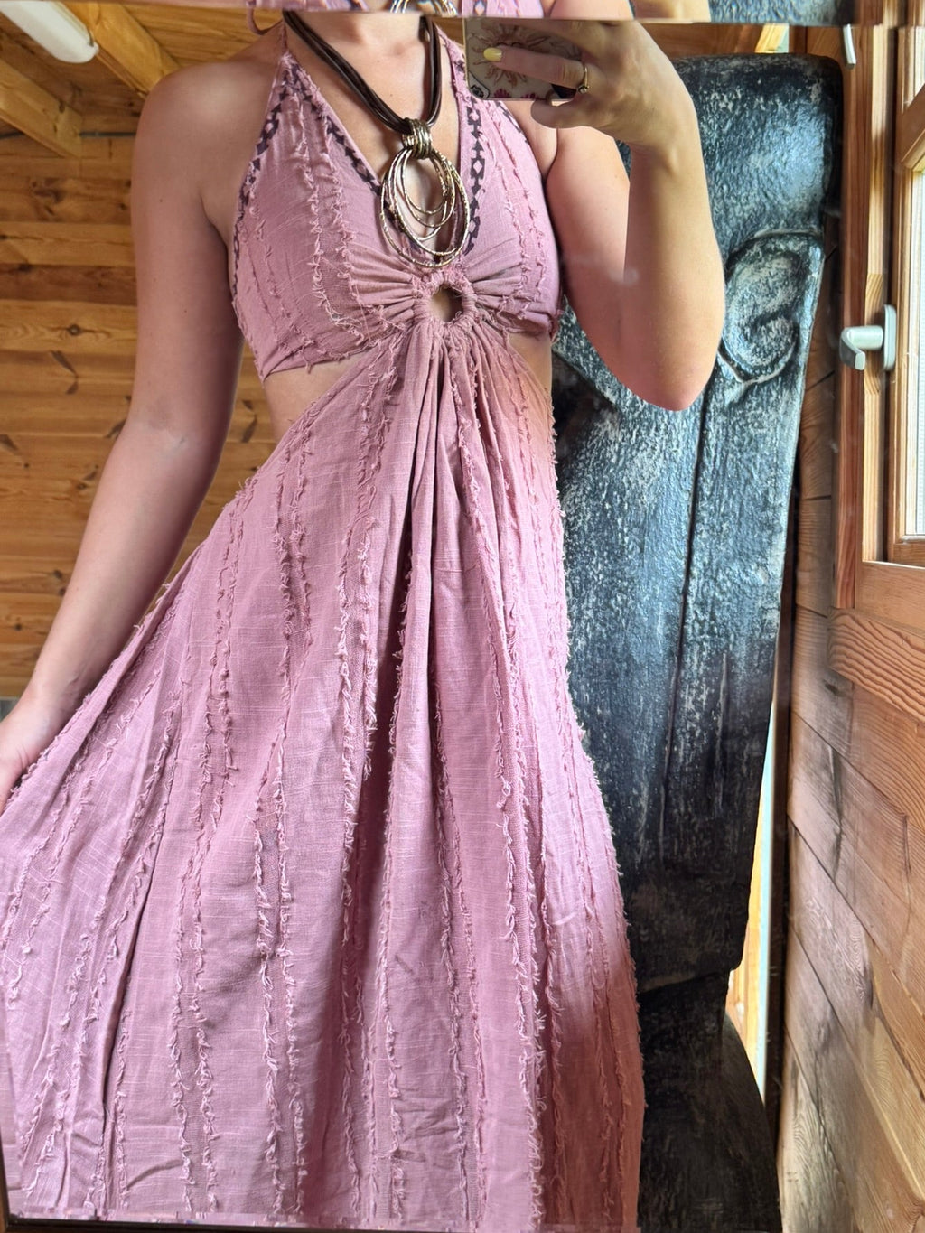 Organic Cotton Bohemian Halter Dress with Tribal Embroidery