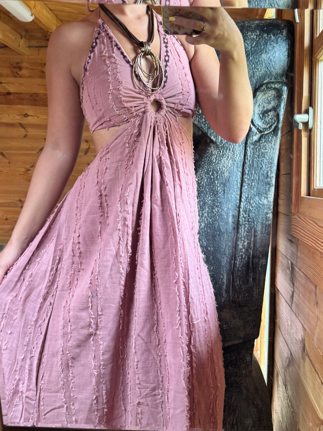 Organic Cotton Bohemian Halter Dress with Tribal Embroidery