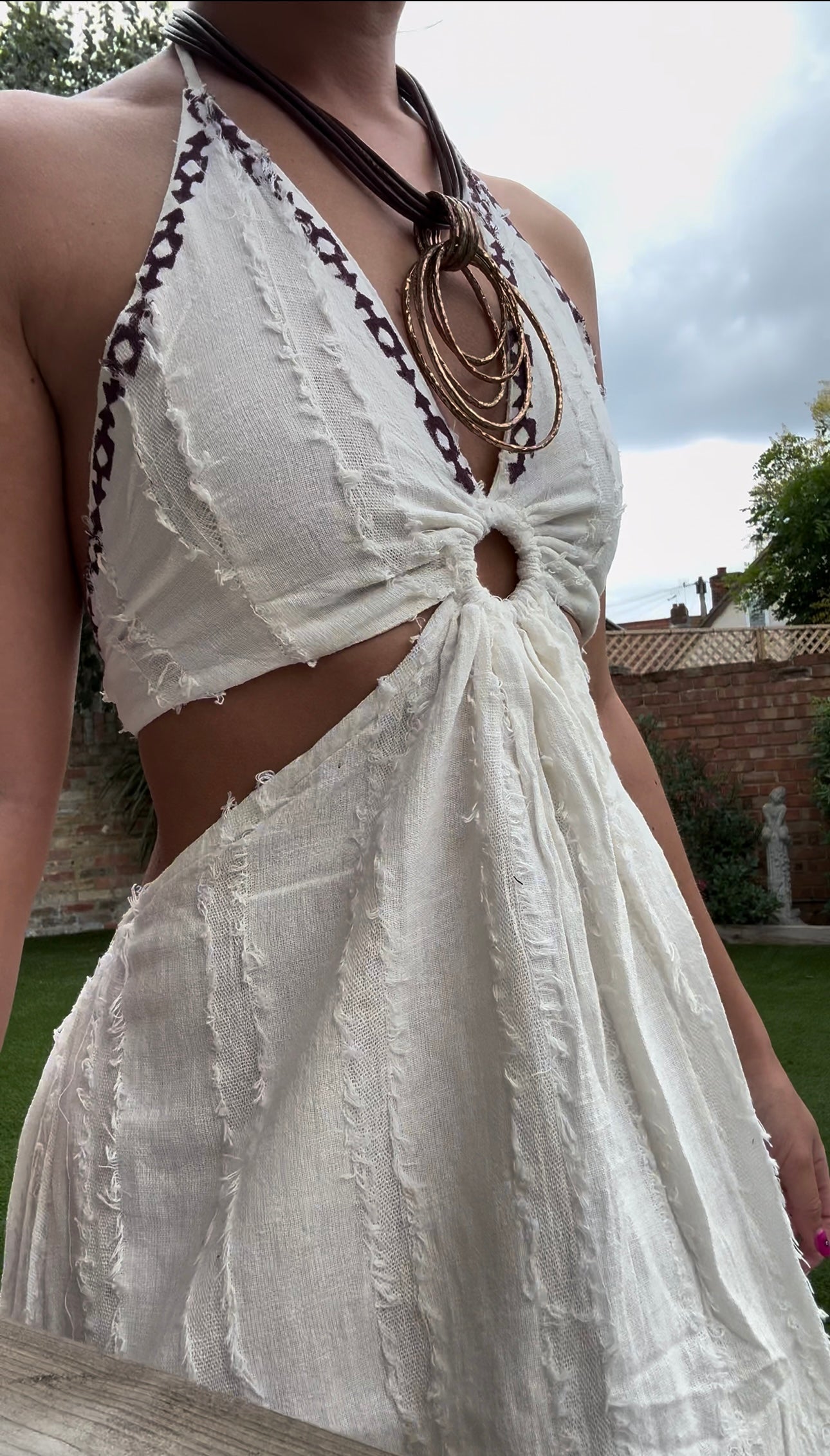 Organic Cotton Bohemian Halter Dress with Tribal Embroidery