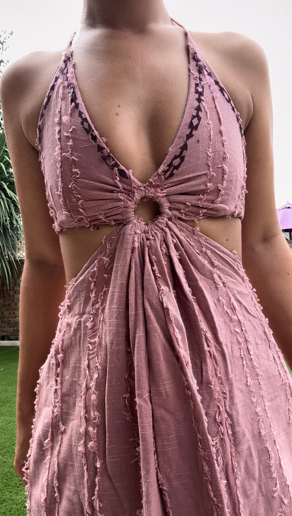 Organic Cotton Bohemian Halter Dress with Tribal Embroidery
