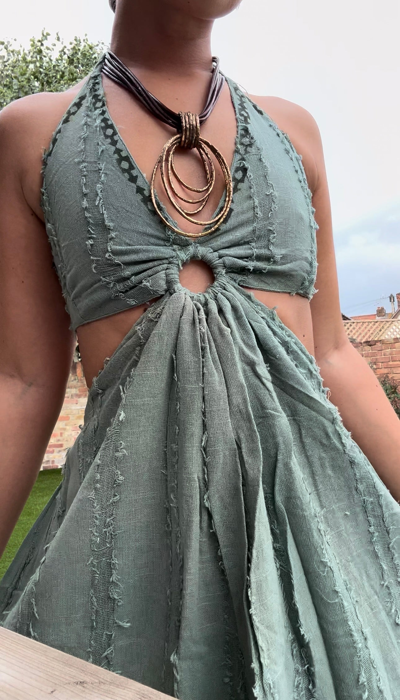 Organic Cotton Bohemian Halter Dress with Tribal Embroidery