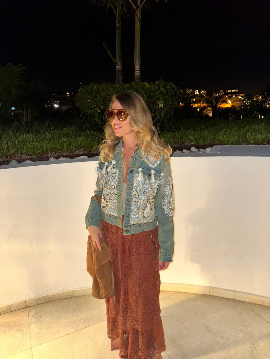 Boho Sequin Embellished button up Distressed Denim Jacket