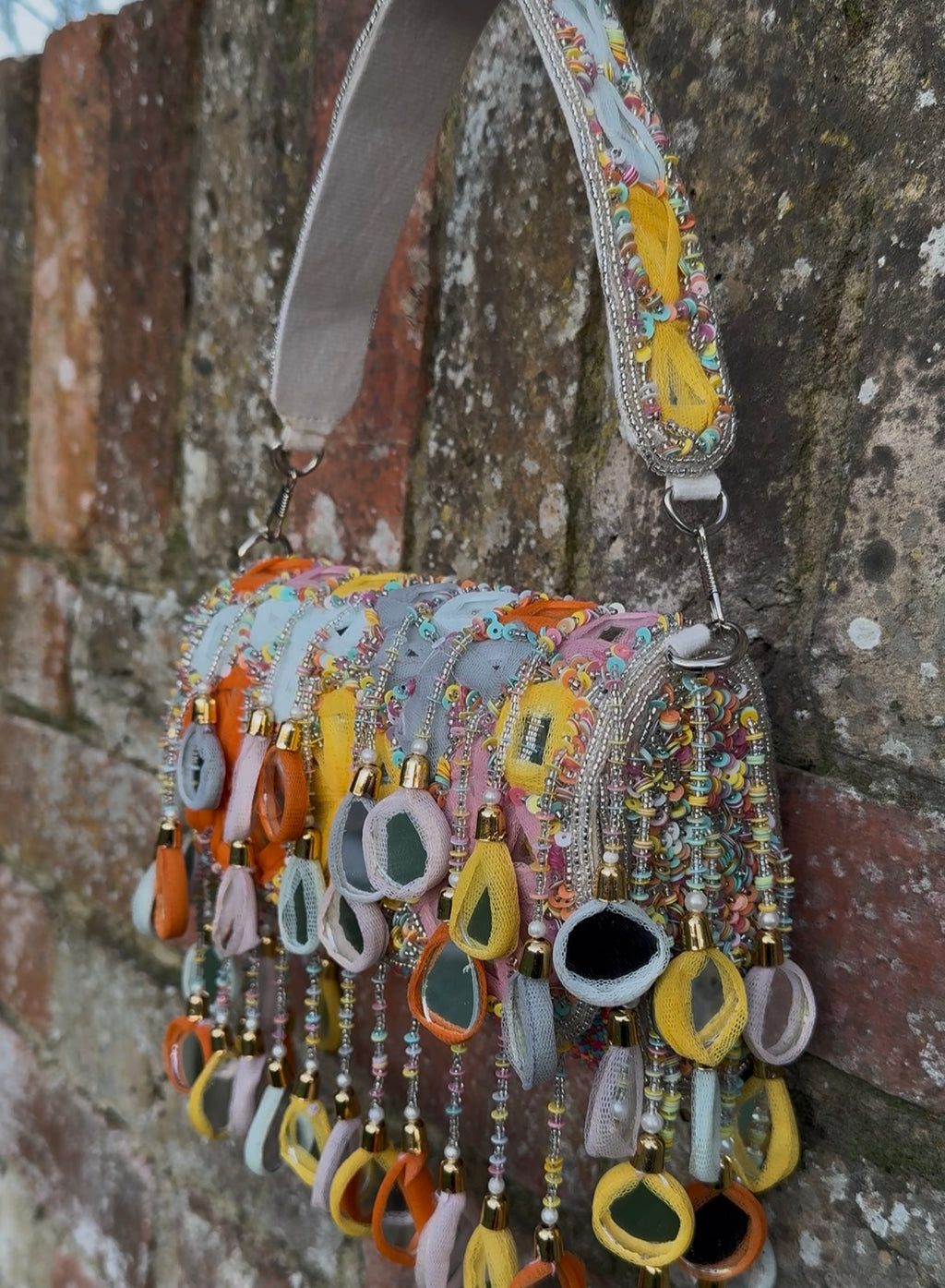 Bohemian Luxe Flap Bag: Silver Multi-Colour Mirror Tassels