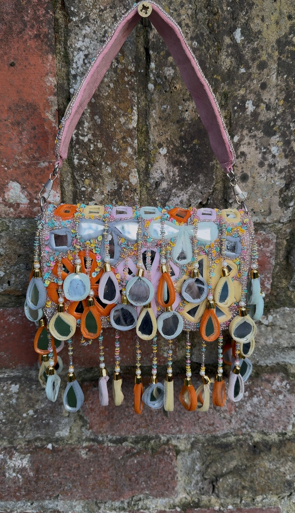 Bohemian Luxe Flap Bag: Baby Pink Multi-Colour Mirror Tassels