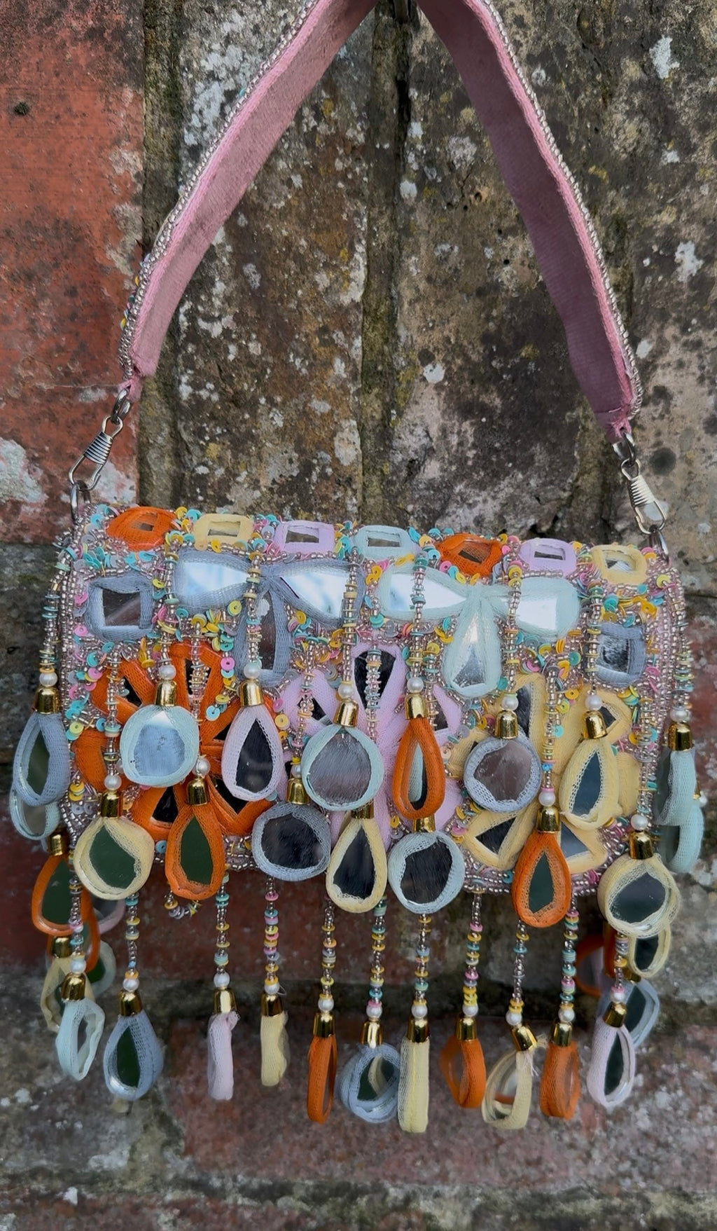 Bohemian Luxe Flap Bag: Baby Pink Multi-Colour Mirror Tassels