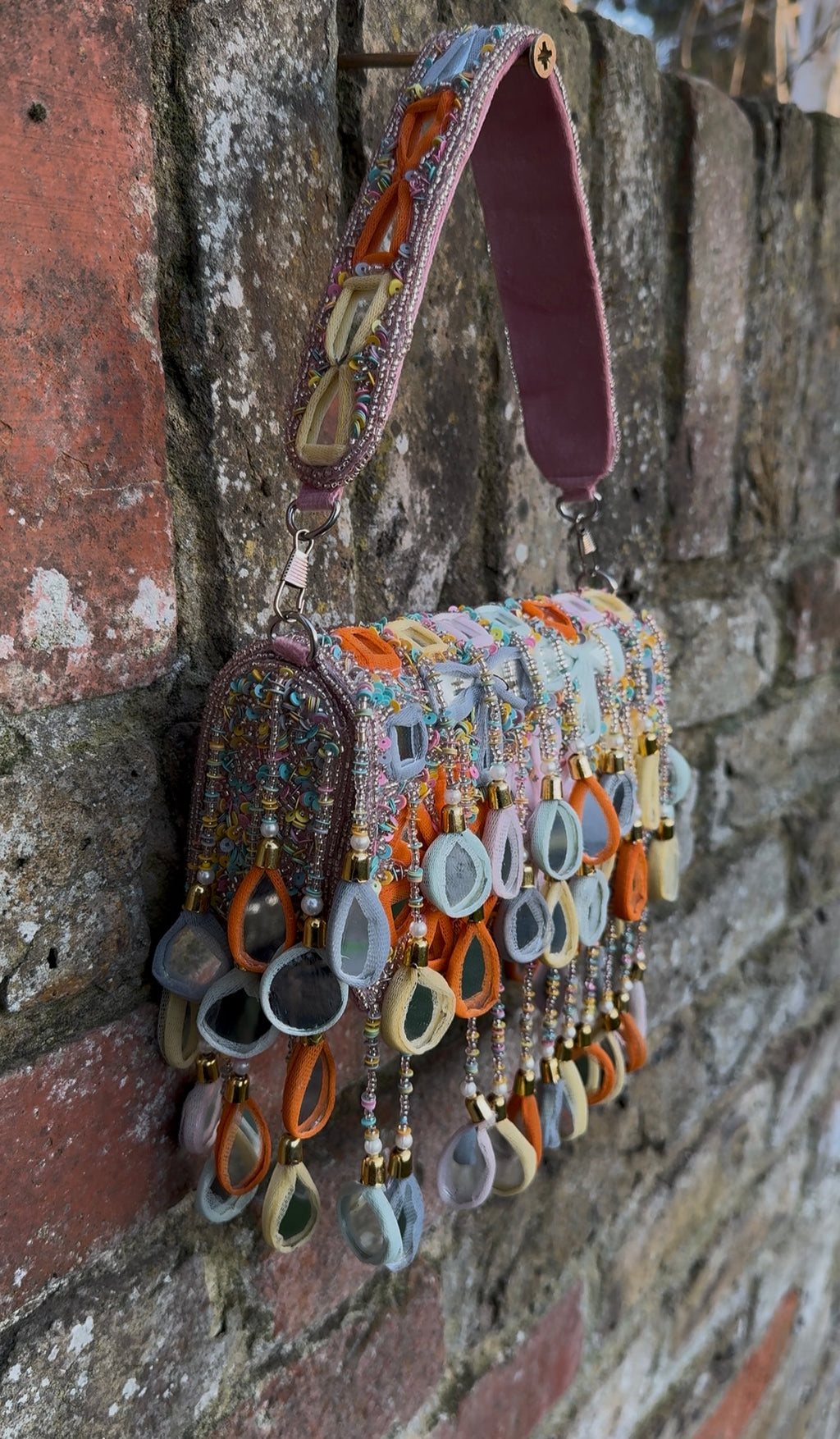 Bohemian Luxe Flap Bag: Baby Pink Multi-Colour Mirror Tassels
