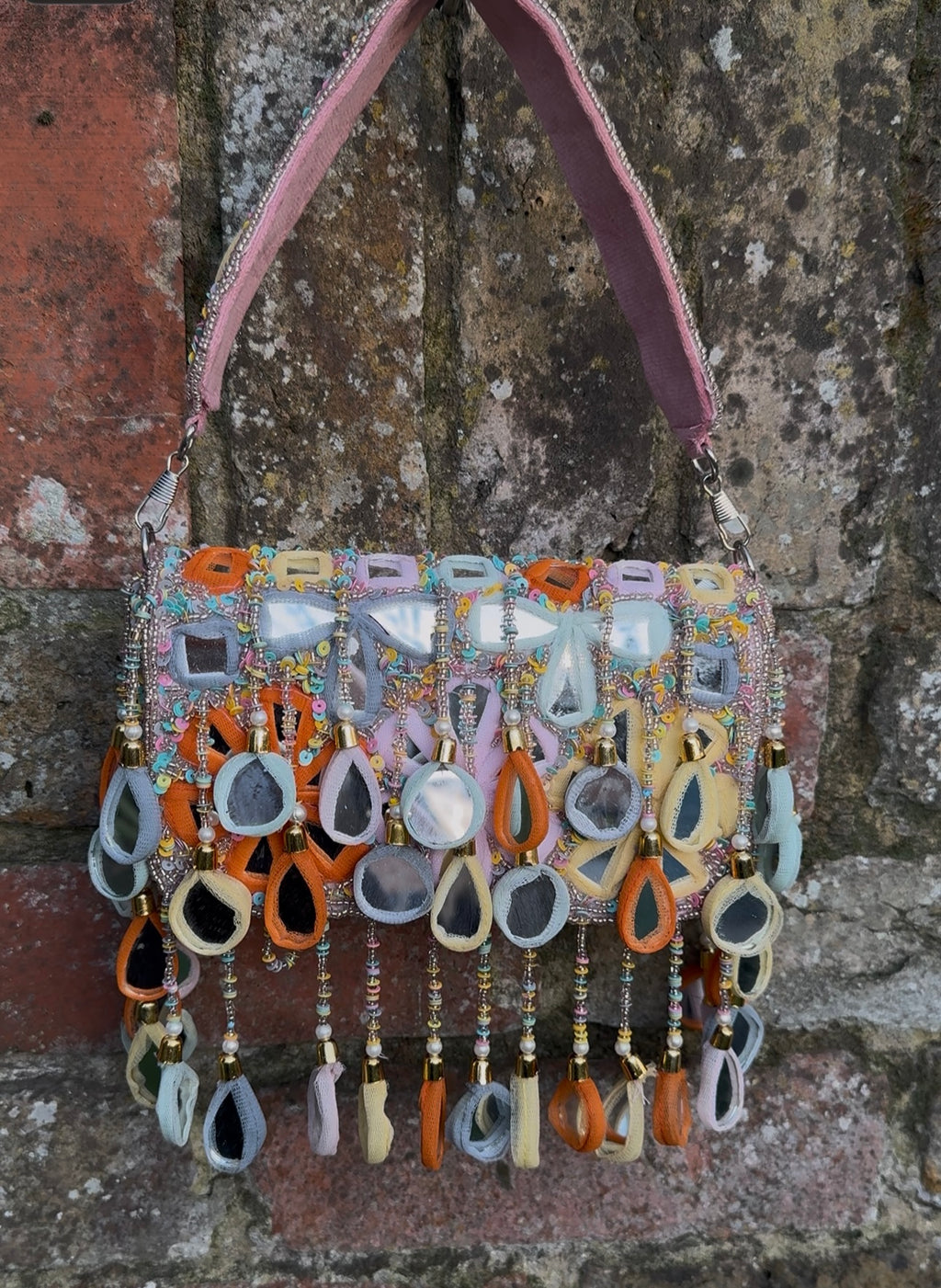 Bohemian Luxe Flap Bag: Baby Pink Multi-Colour Mirror Tassels