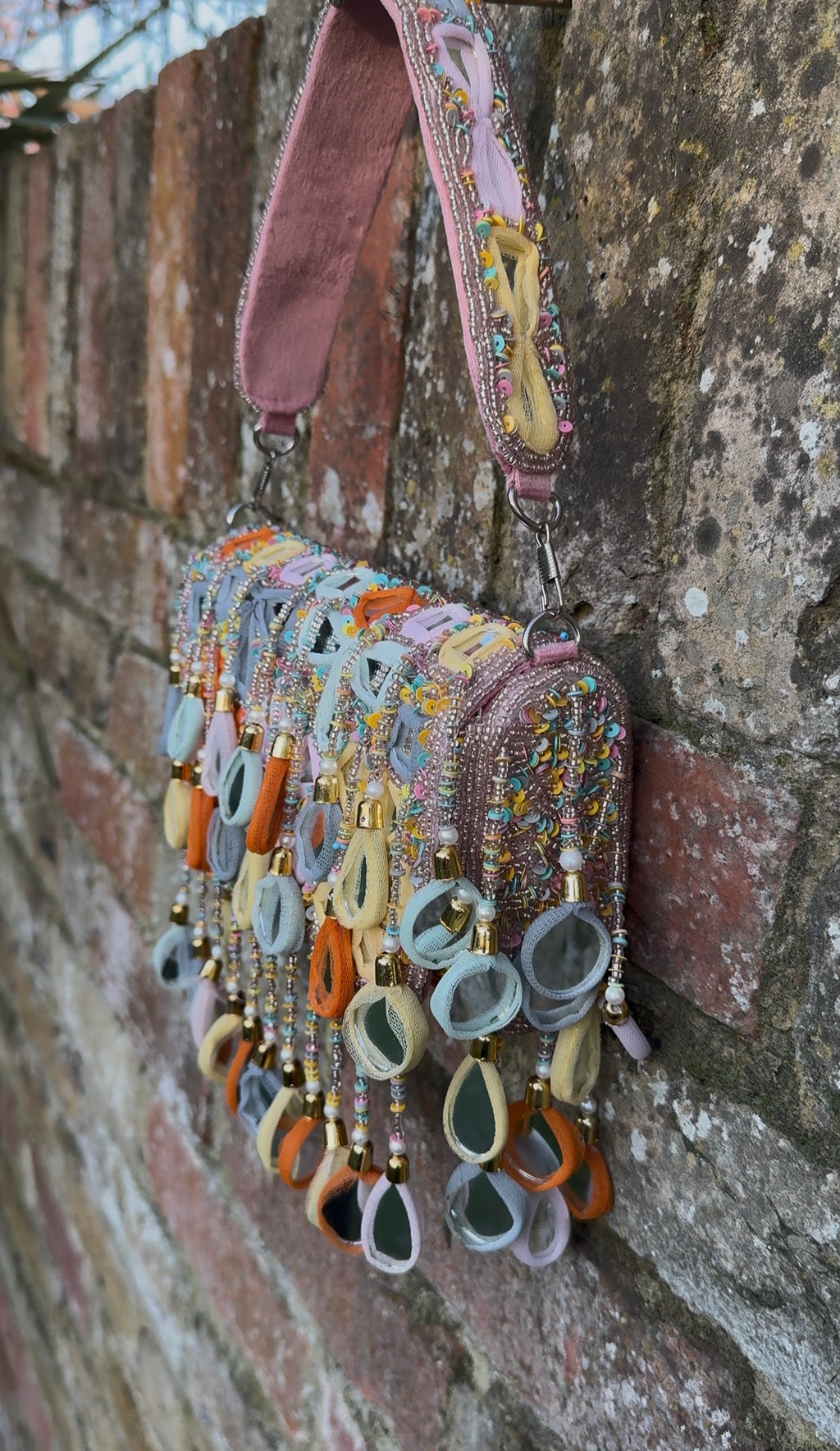 Bohemian Luxe Flap Bag: Baby Pink Multi-Colour Mirror Tassels