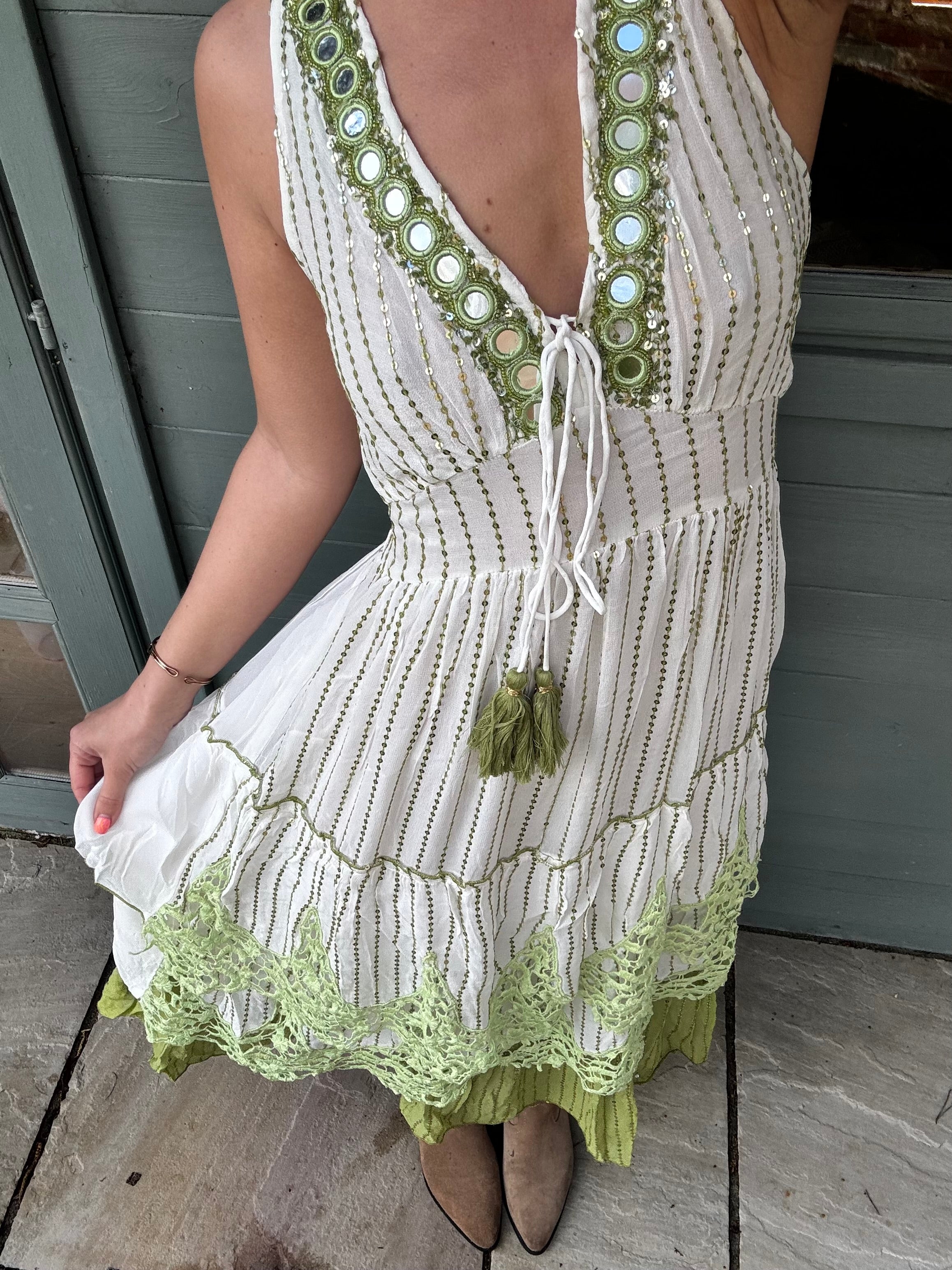 Green Embroided Boho Style Maxi Dress