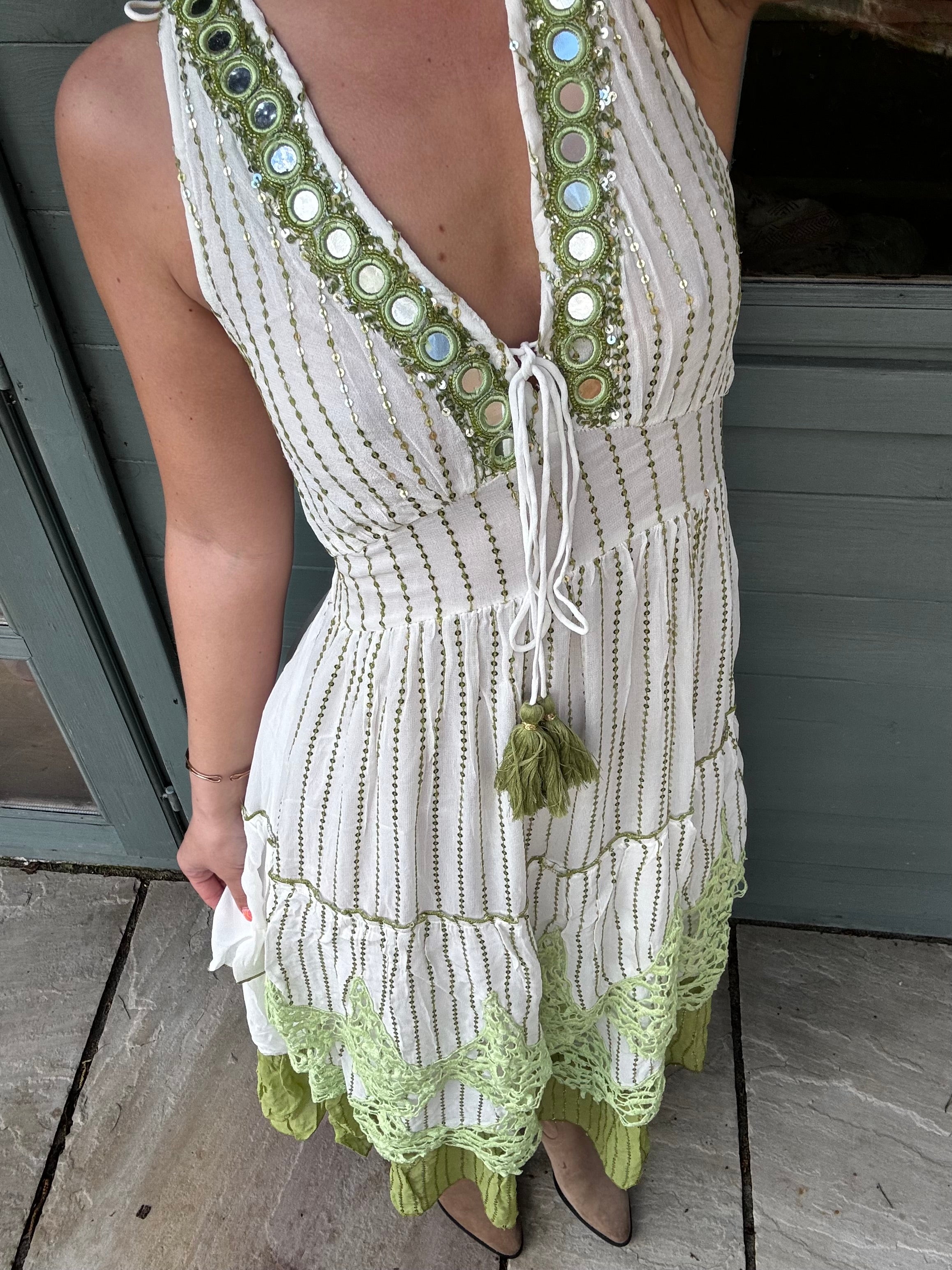 Green Embroided Boho Style Maxi Dress