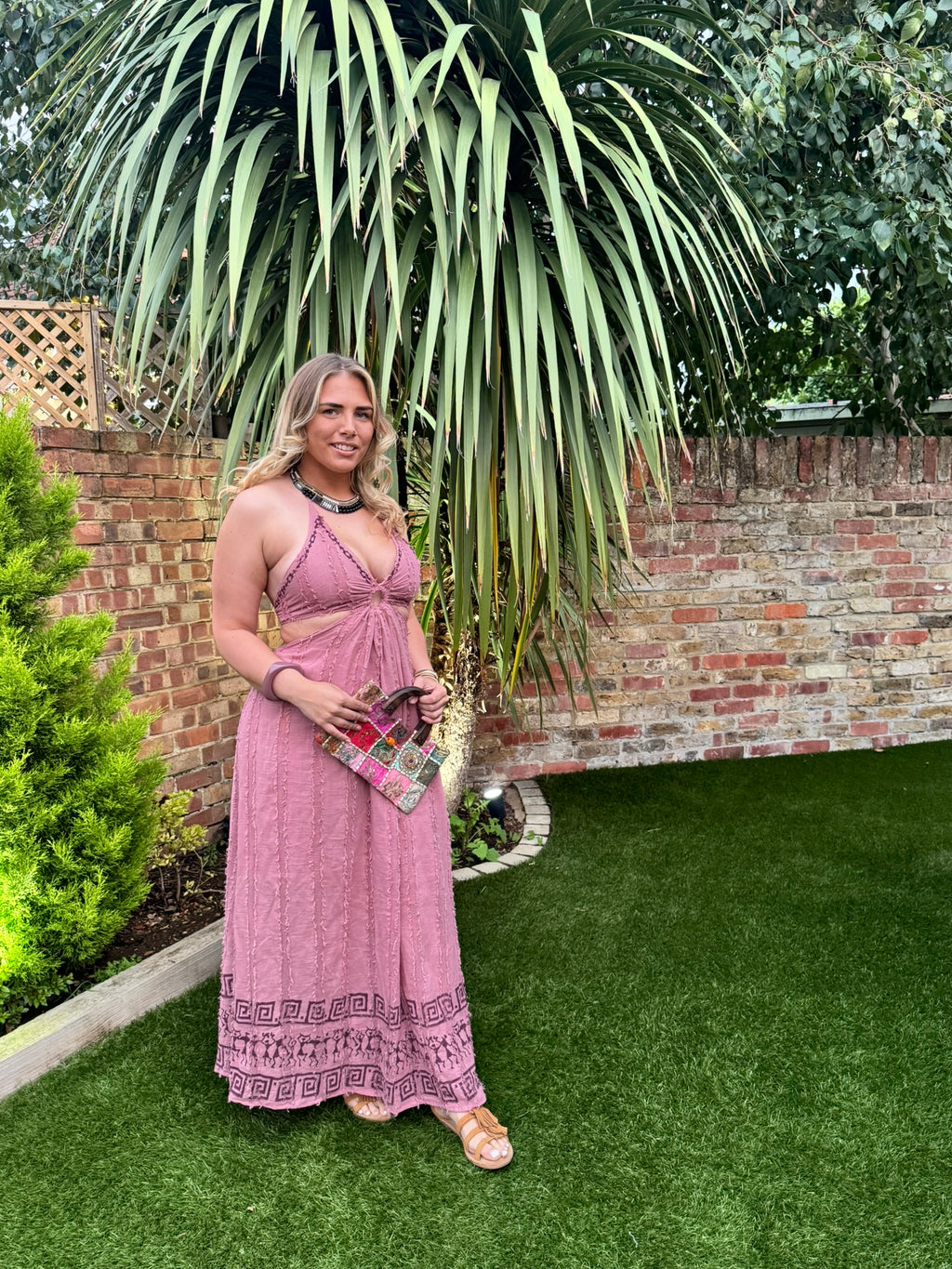 Organic Cotton Bohemian Halter Dress with Tribal Embroidery