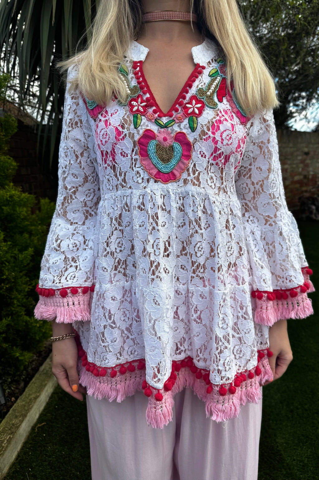 Boho Lace Tunic with Embellished Pink Pom-Pom Fringe