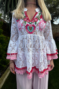 Boho Lace Tunic with Embellished Pink Pom-Pom Fringe