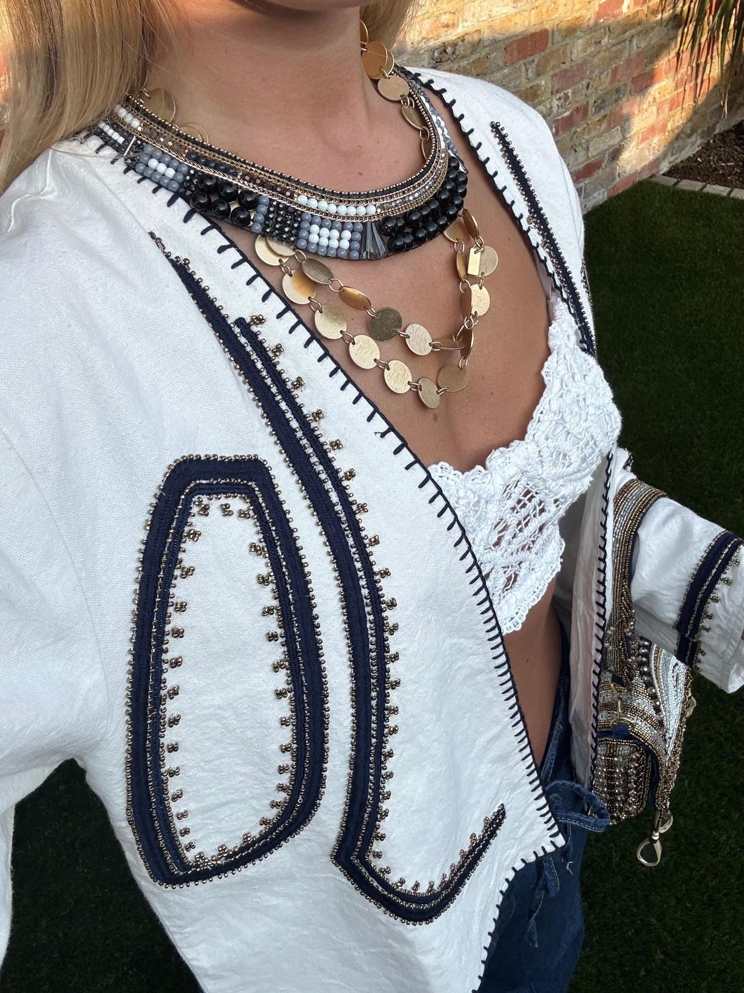 Organic Cotton Embroidered Jacket – Open Front White Cropped Style, Hand-Stitched Beaded Trim
