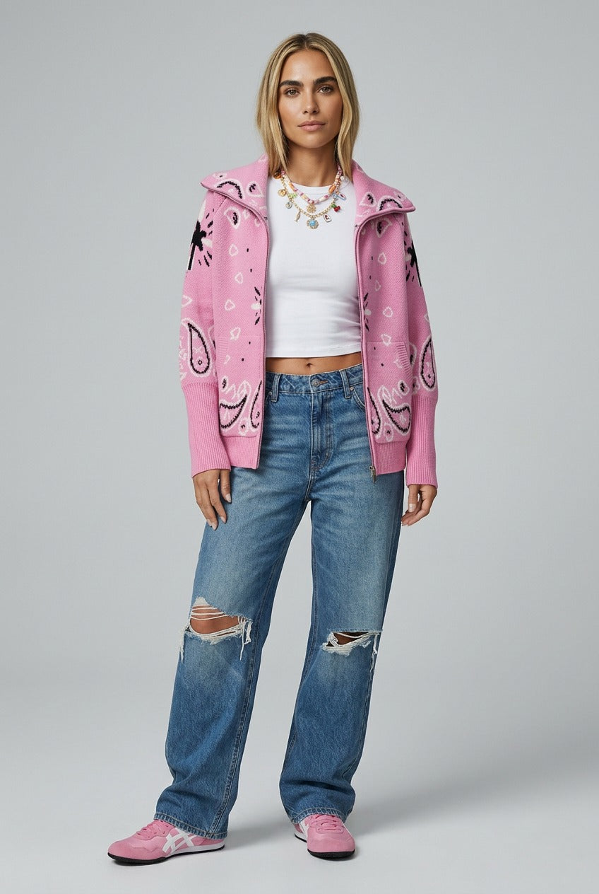 Pink Bandana Knit Zip-Up Cardigan for Women- Soft Cozy Sweater