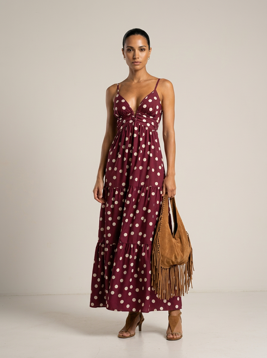 Burgundy Polka Dot Tiered Maxi Dress