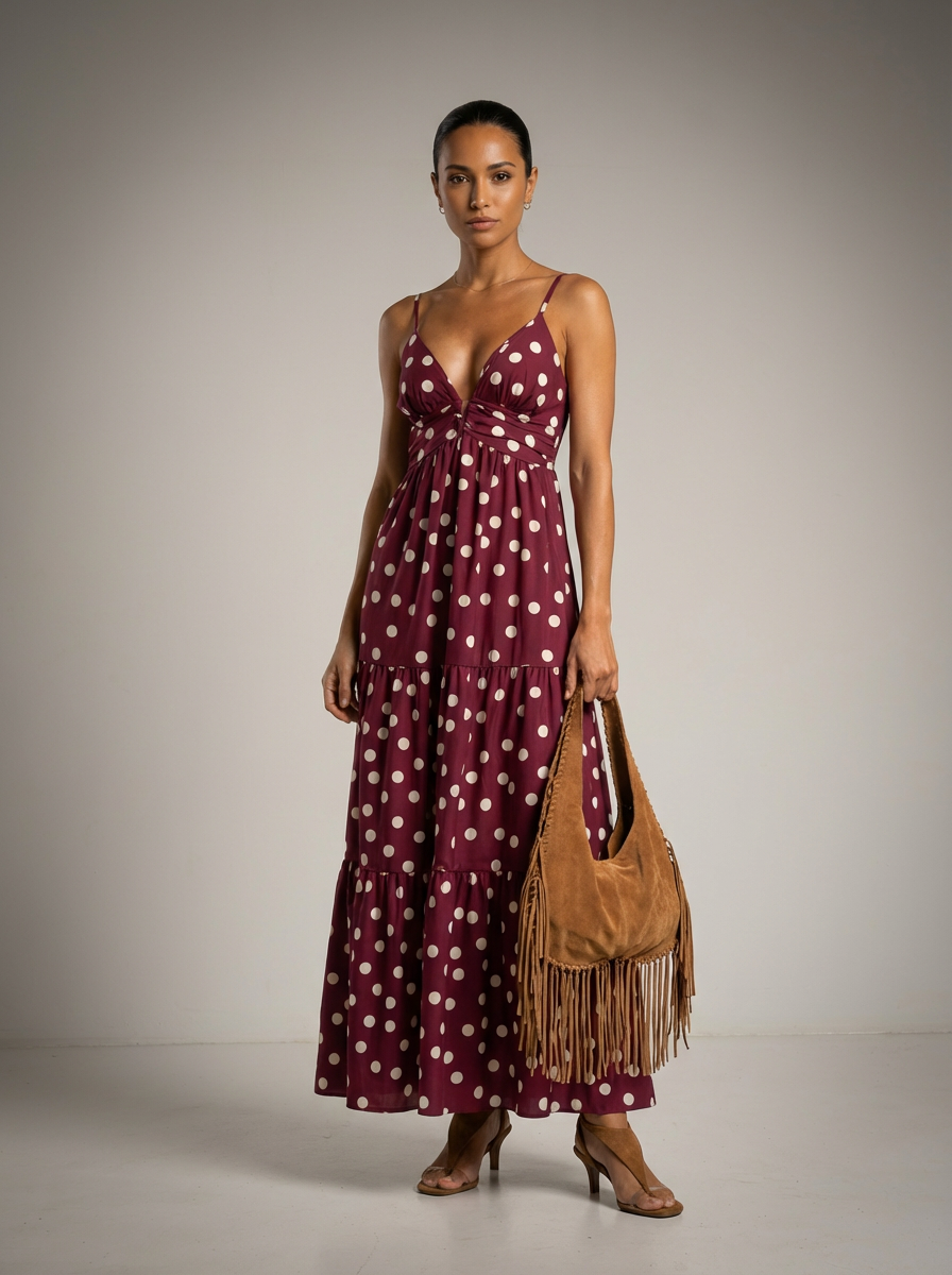 Burgundy Polka Dot Tiered Maxi Dress