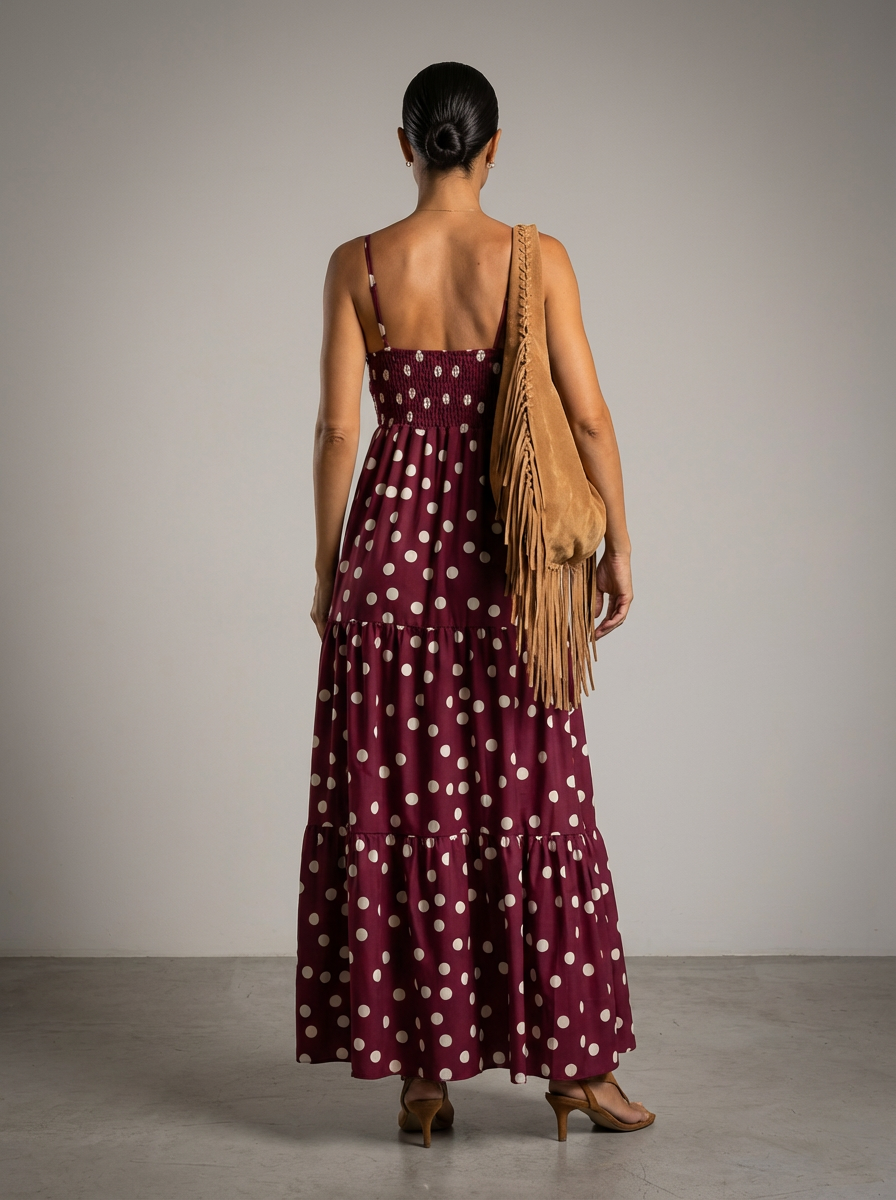 Burgundy Polka Dot Tiered Maxi Dress