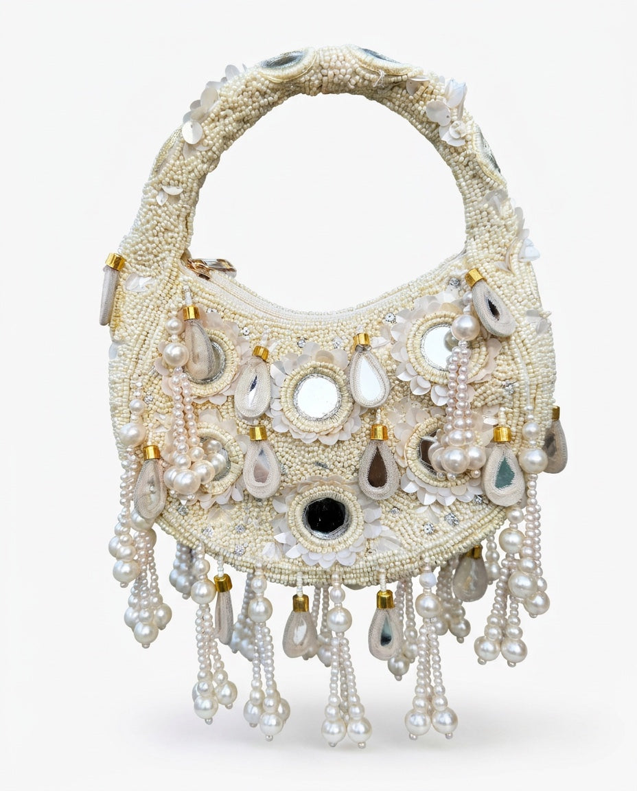Cream Pearl Embellished Mirror Moon Bag