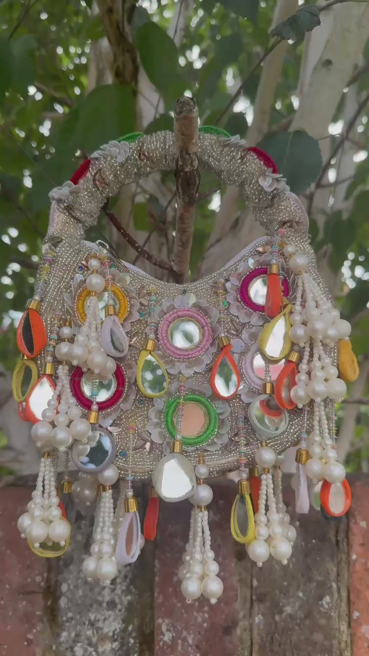 Handmade Bohemian Multi Color Beads Embellished Mirror Moon Bag