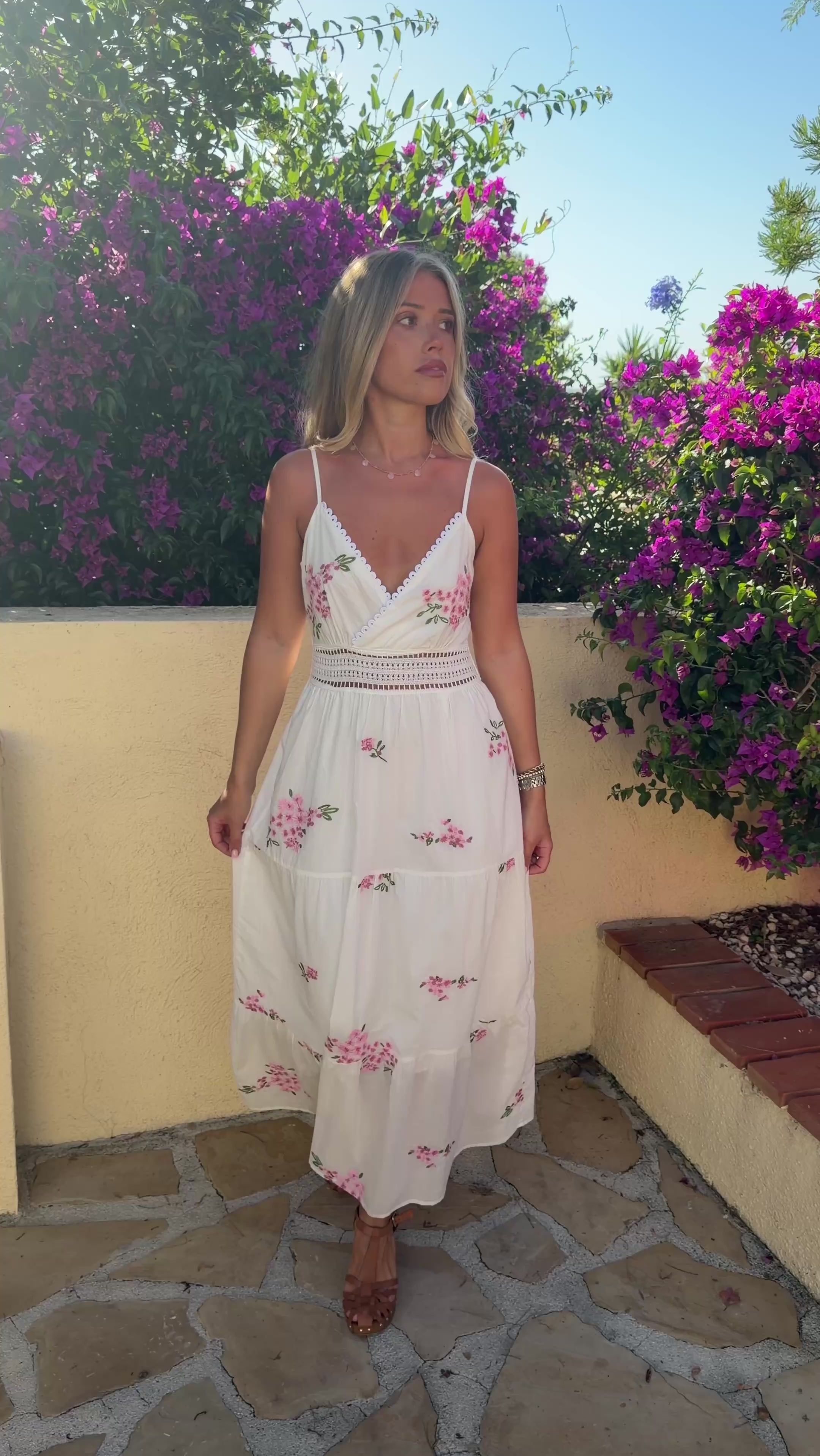 White Cotton Floral Embroidered Maxi Dress – Lightweight Summer Dress for Women