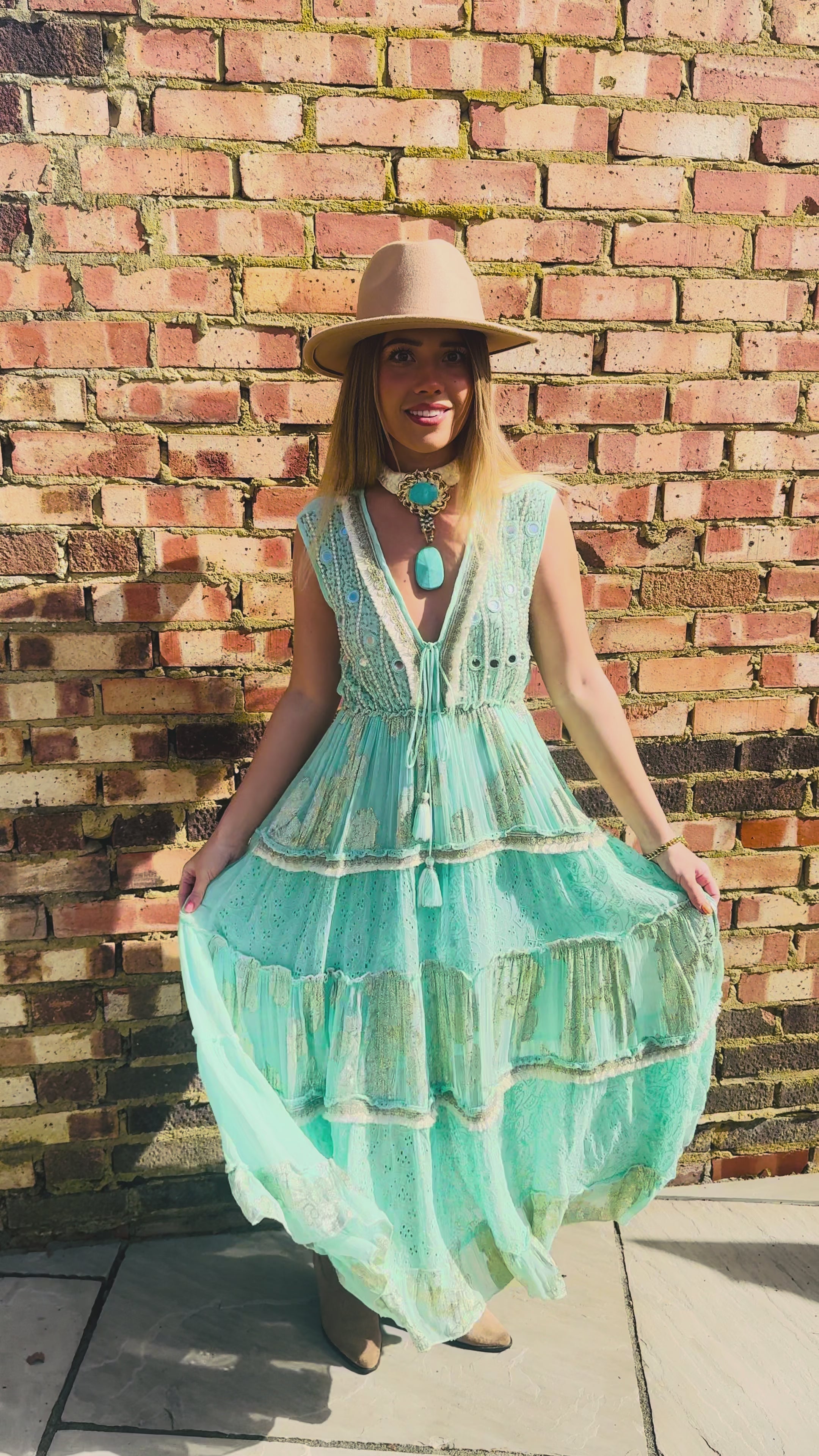 Sienna Dress - Turquoise Embellished Boho Maxi Dress