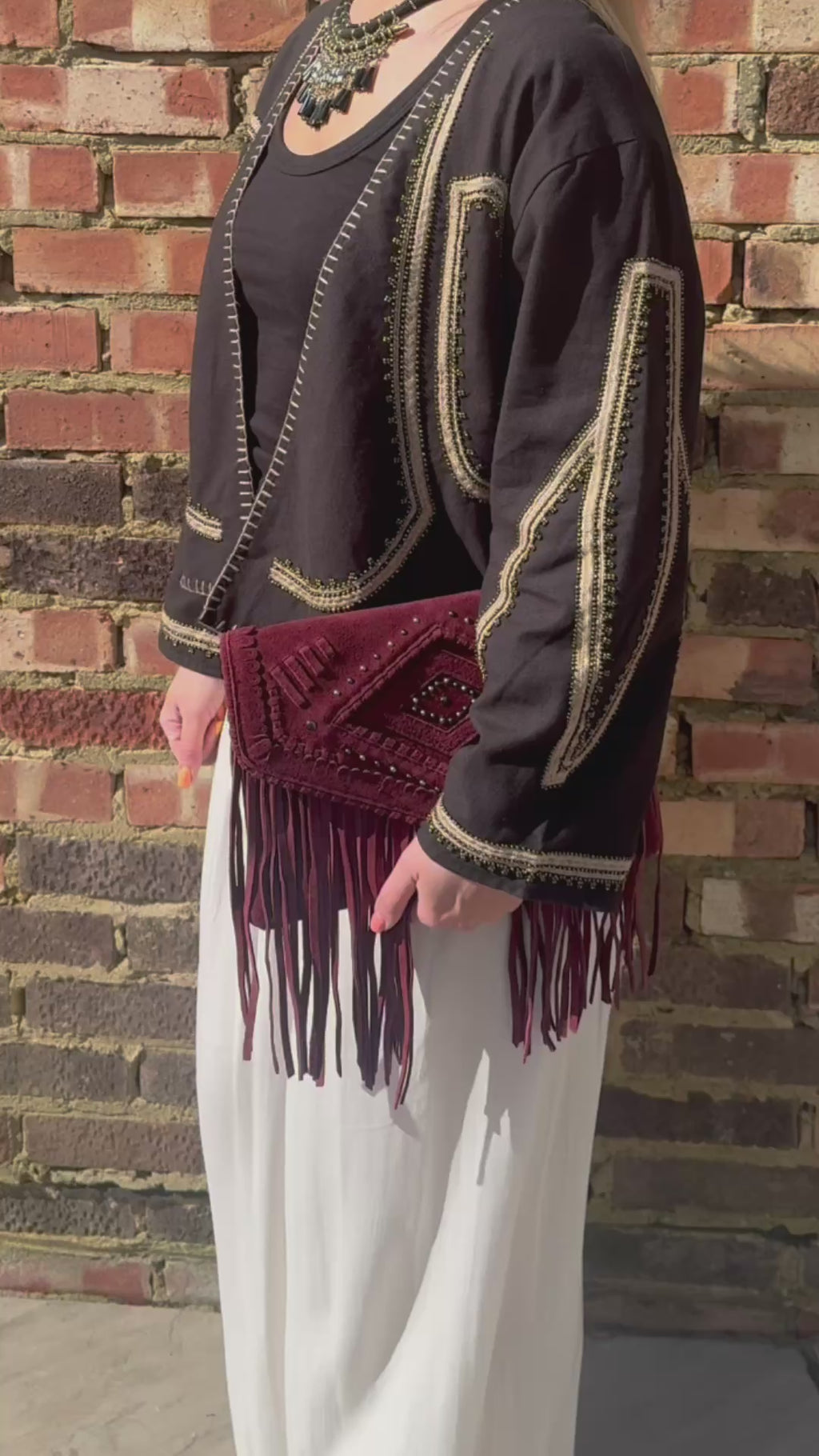 Organic Cotton Embroidered Jacket – Open Front White Cropped Style, Hand-Stitched Beaded Trim