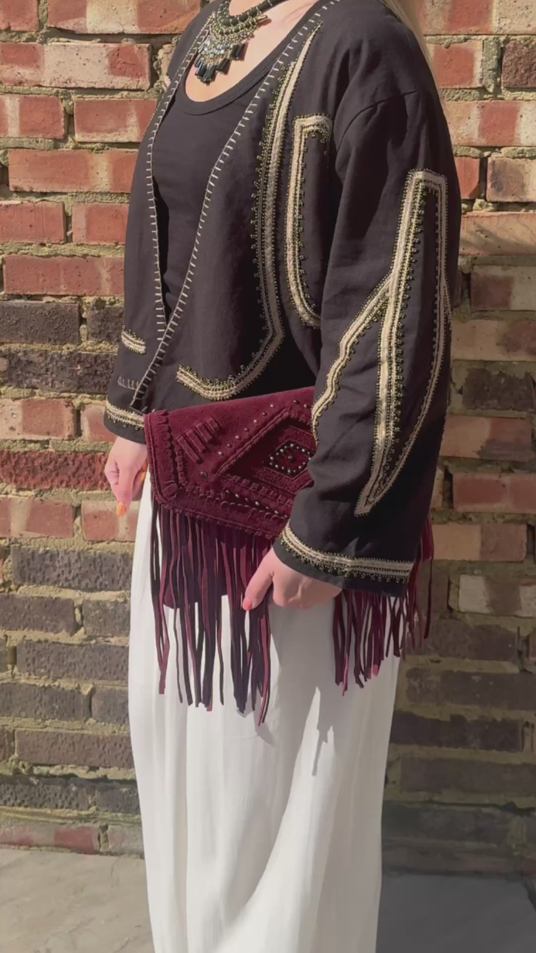 Organic Cotton Embroidered Jacket – Open Front White Cropped Style, Hand-Stitched Beaded Trim