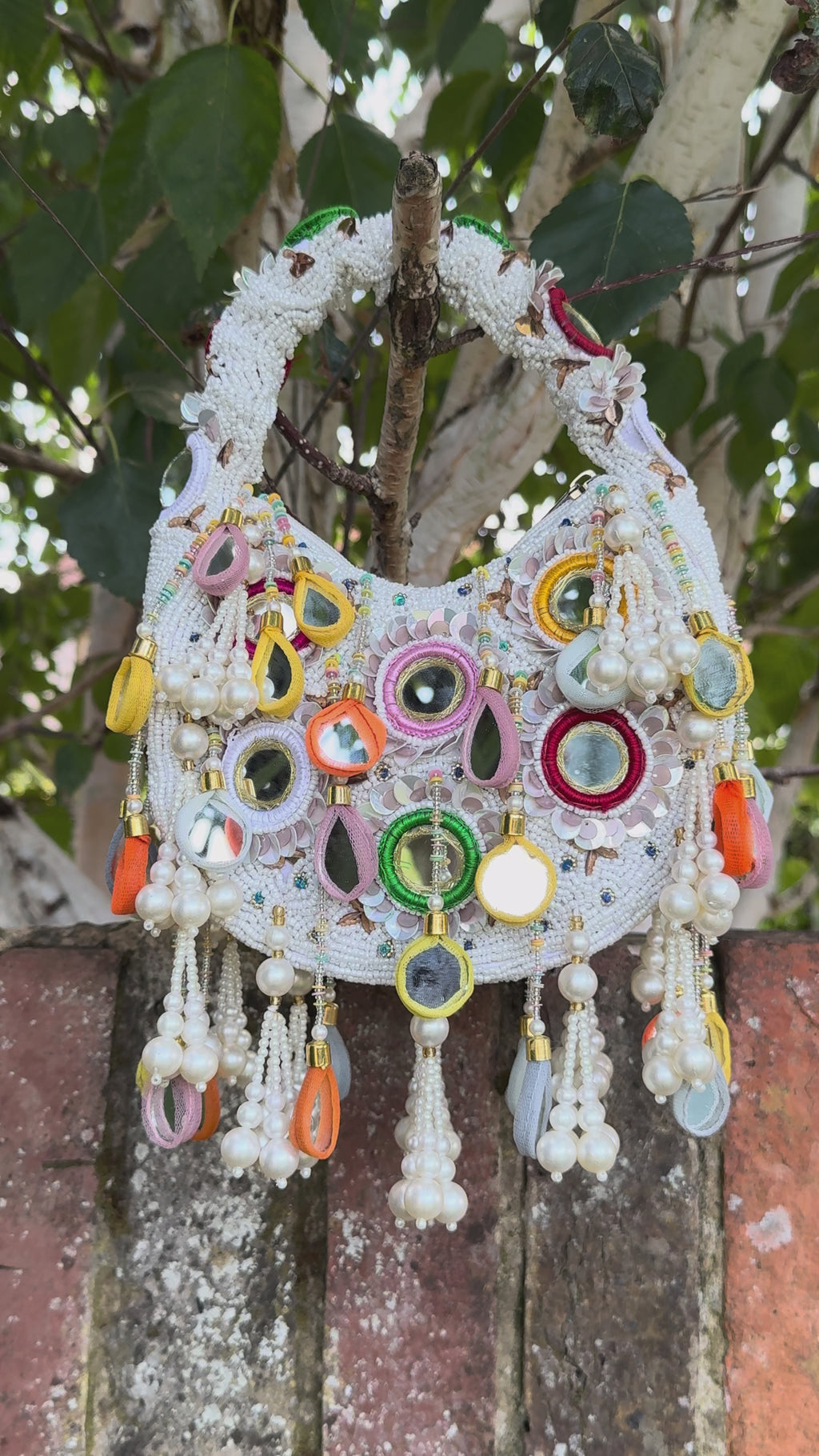 Handmade Bohemian Multi Color Beads Embellished Mirror Moon Bag