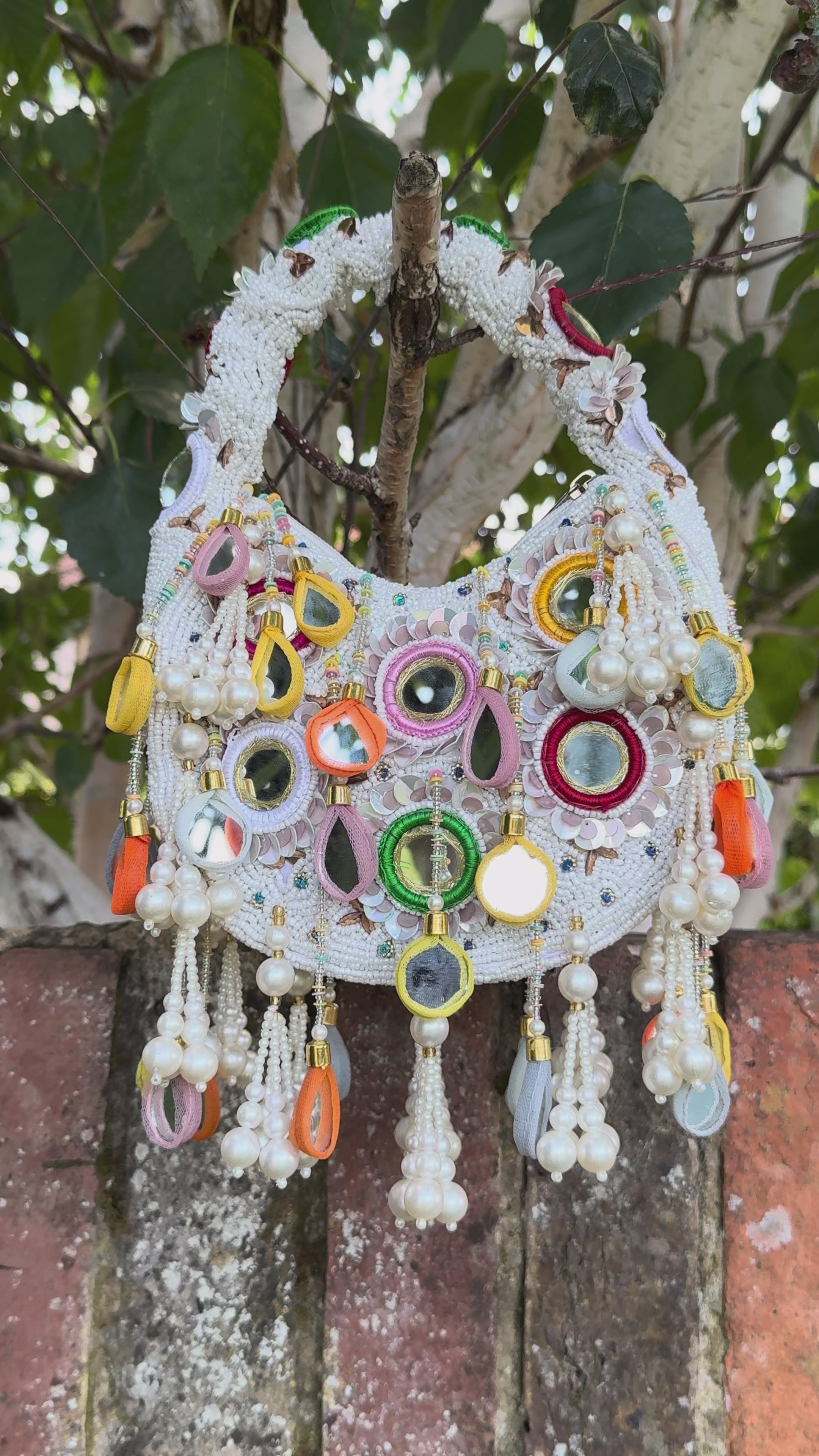 Handmade Bohemian Multi Color Beads Embellished Mirror Moon Bag