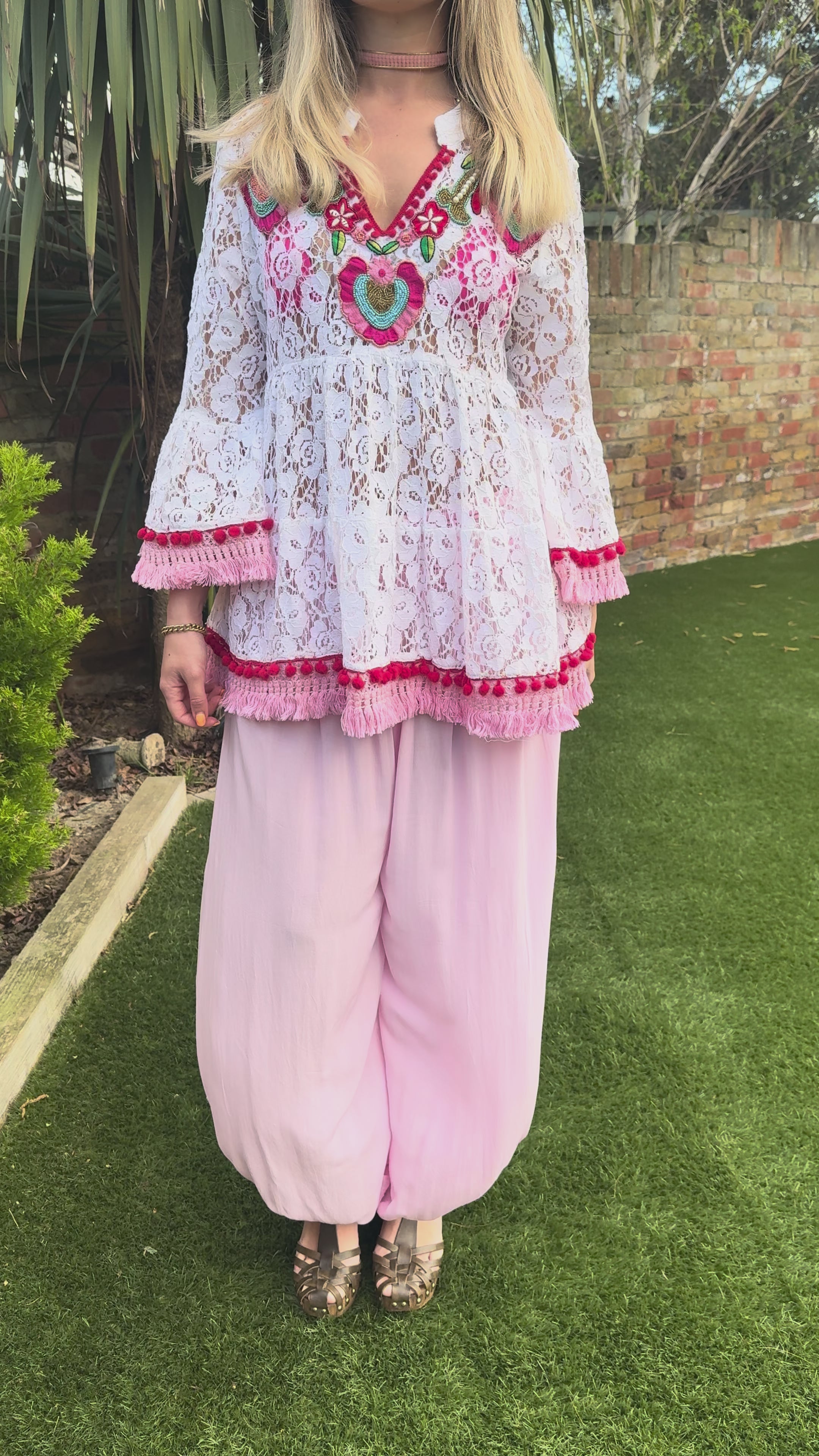 Boho Lace Tunic with Embellished Pink Pom-Pom Fringe