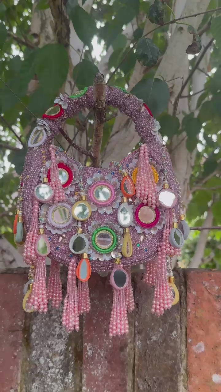 Handmade Bohemian Multi Color Beads Embellished Mirror Moon Bag