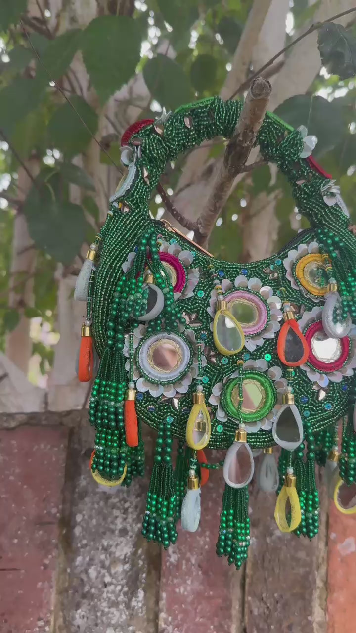 Handmade Bohemian Multi Color Beads Embellished Mirror Moon Bag