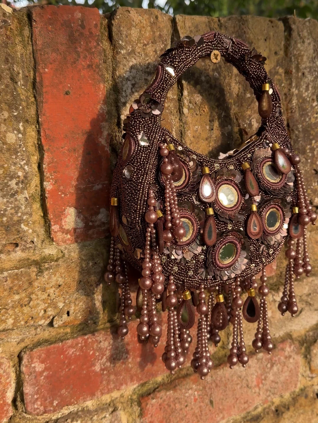 Espresso Brown Pearl Embellished Mirror Moon Bag