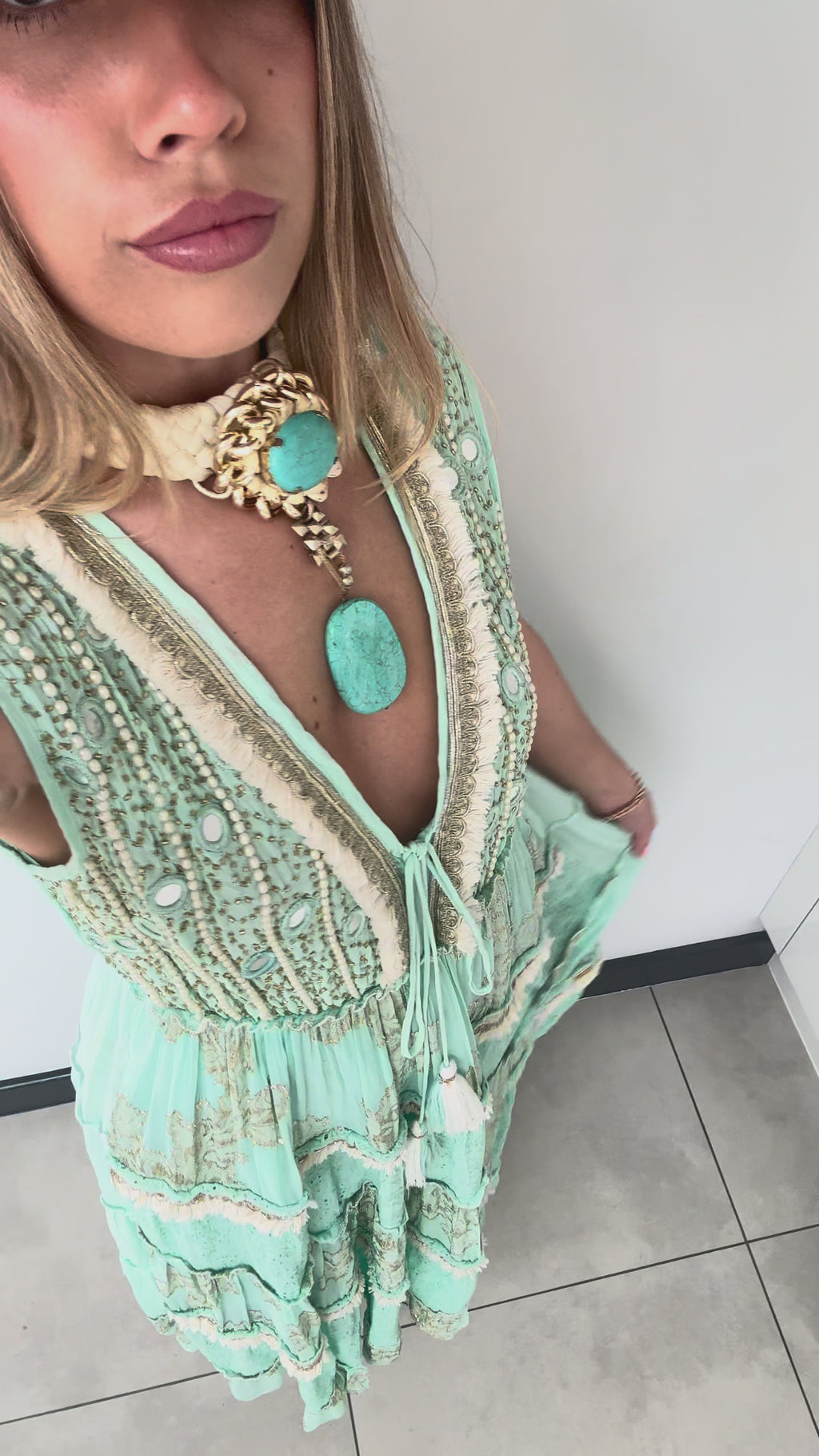 Sienna Dress - Turquoise Embellished Boho Maxi Dress