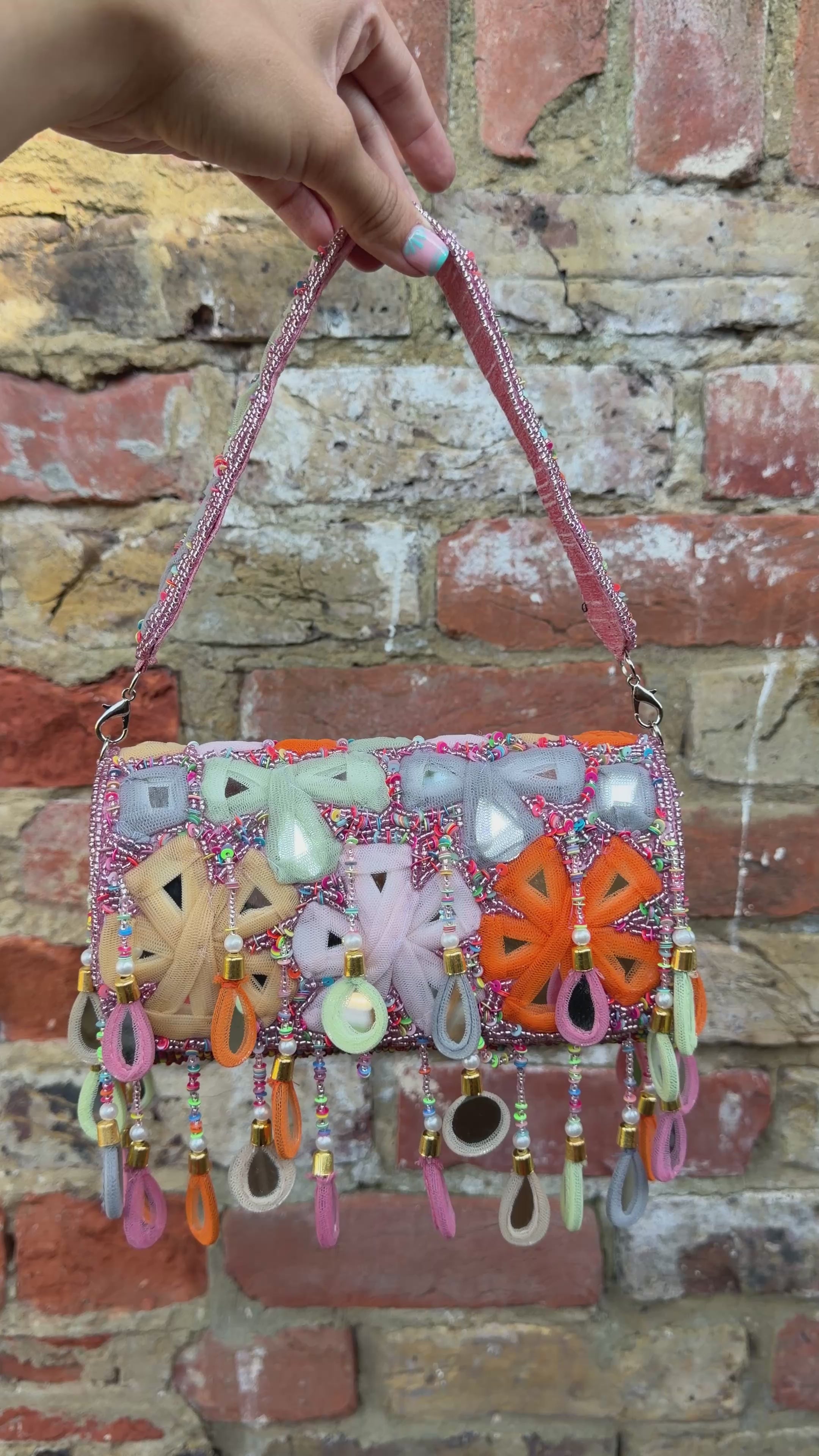 Bohemian Luxe Flap Bag: Pink Multicolor Mirror Tassels