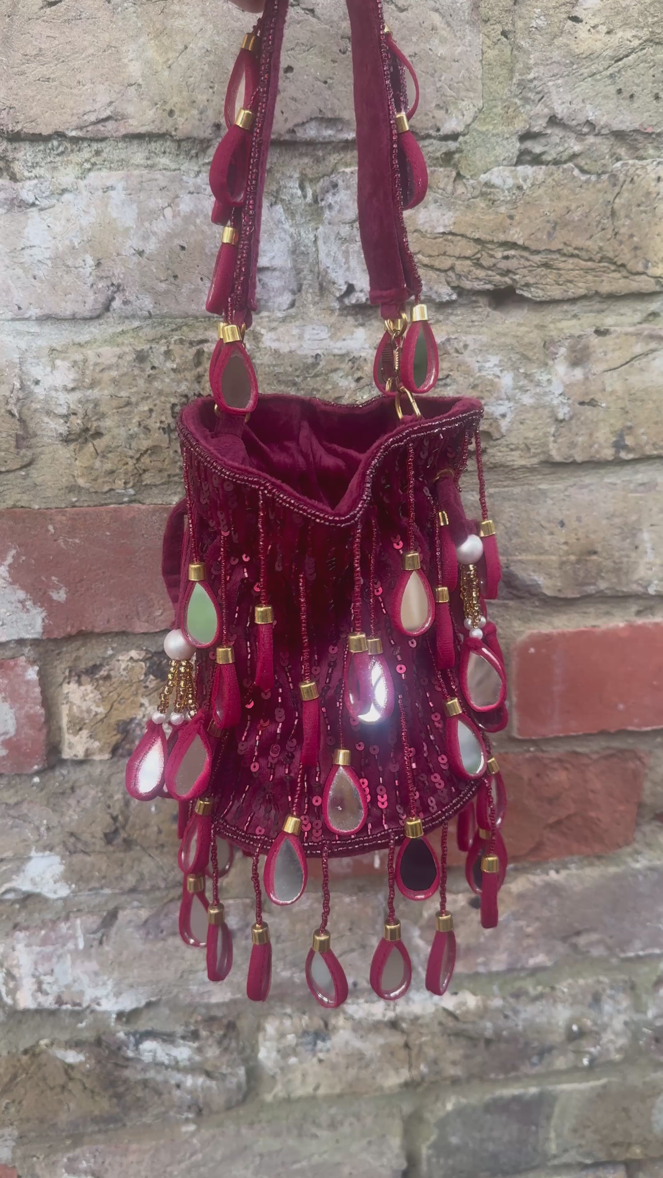 Maroon Mirror Tassel Bucket Bag